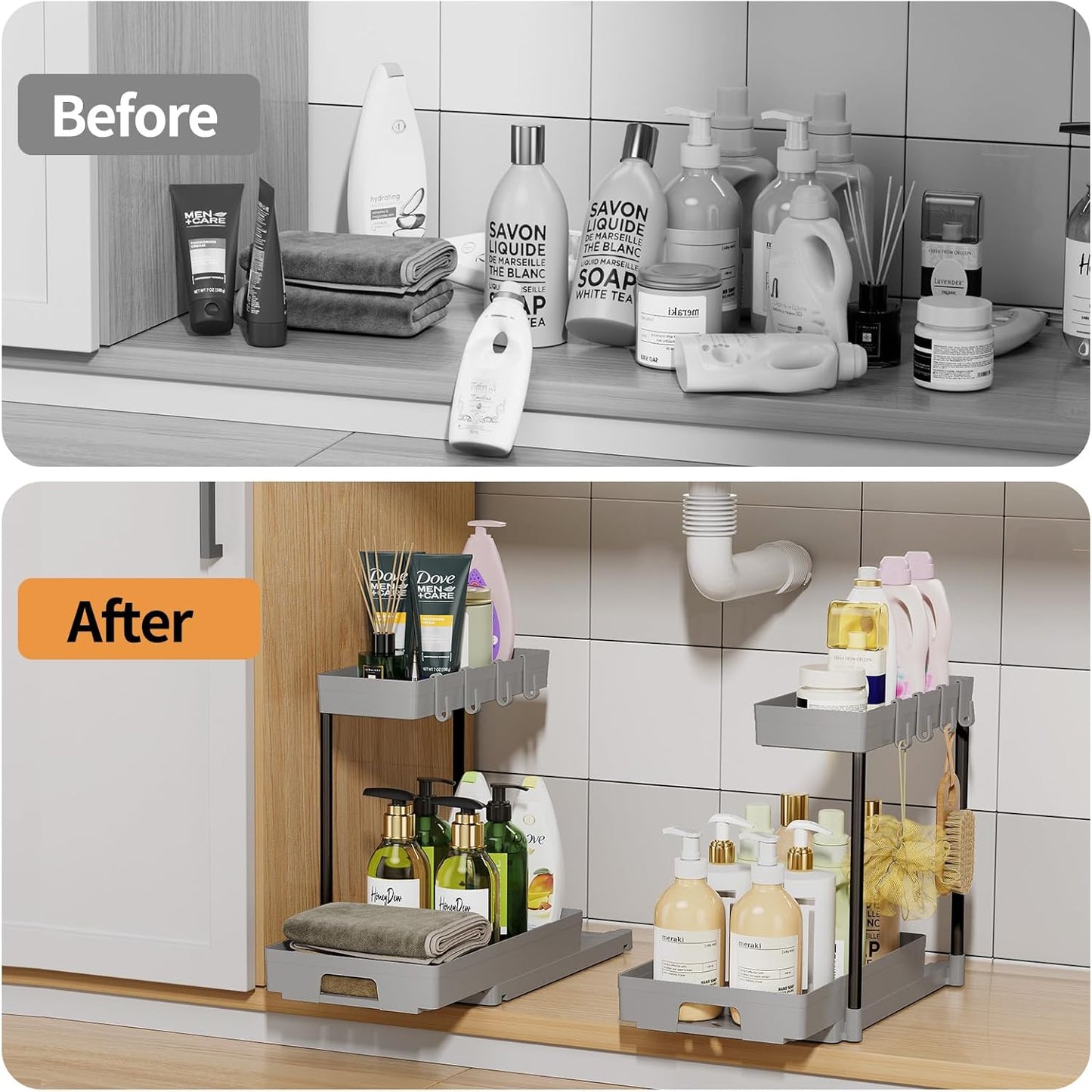 2 Pack under Sink Organizers and Storage, L-Shape Grey under Bathroom Kitchen Sink Organizer with Drawer for under Sink Storage Organizer