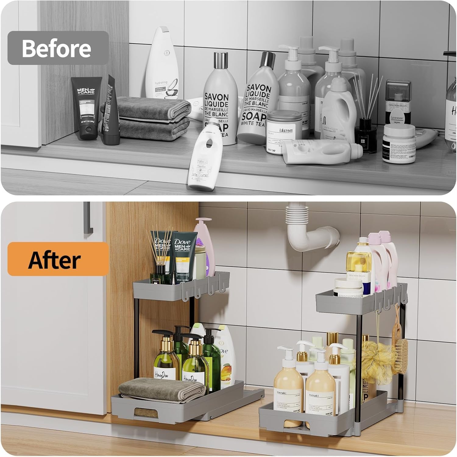 2 Pack under Sink Organizers and Storage, L-Shape Grey under Bathroom Kitchen Sink Organizer with Drawer for under Sink Storage Organizer