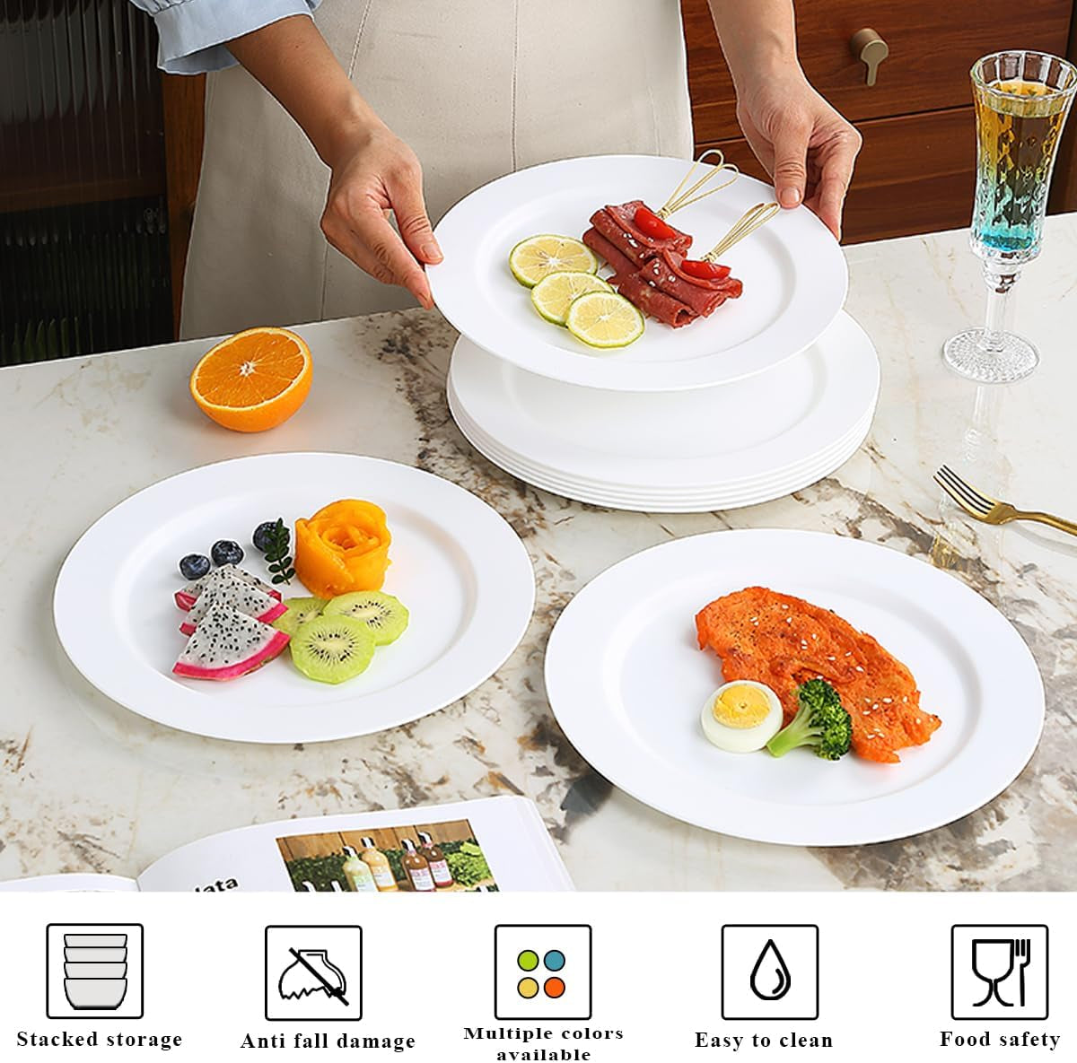 Set of 8 Reusable 10-Inch White Plastic Plates - Versatile Dinner, Salad, and Pasta Dishes for Home, Garden, Picnic, Camping, and Outdoor Use