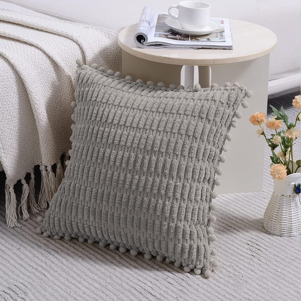 2 Packs Gray Farmhouse Decorative Throw Pillow Covers 18X18 Inch with Pom-Poms for Living Room Couch Bed Sofa, Rustic Boho Home Decor, Soft Striped Corduroy Square Cushion Case 45X45 Cm