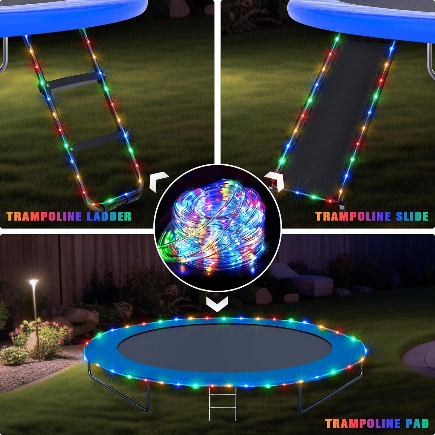200 LED Trampoline Accessories Solar Rope Light, 66Ft IP 65 Waterproof Solar Pathway Lights Outdoor, 8 Modes Trampoline Lights for Basketball Hoop Ladder Slide Pathway Tent Camp(Multicolor)