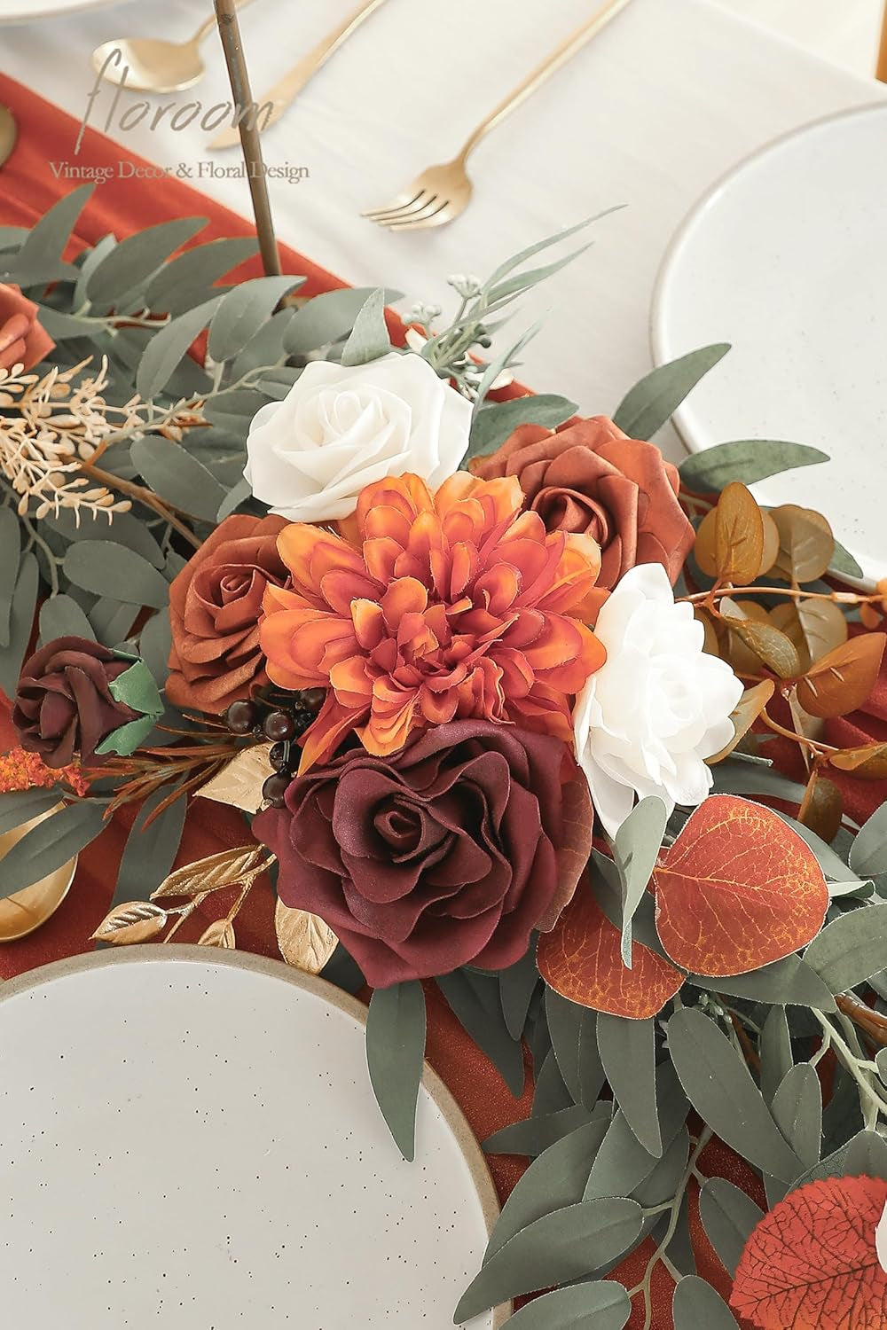 6-Foot Artificial Eucalyptus Garland with Burnt Orange Floral Accents for Table Decor, Wedding Centerpieces, and Bridal Shower Party Decorations in Terracotta