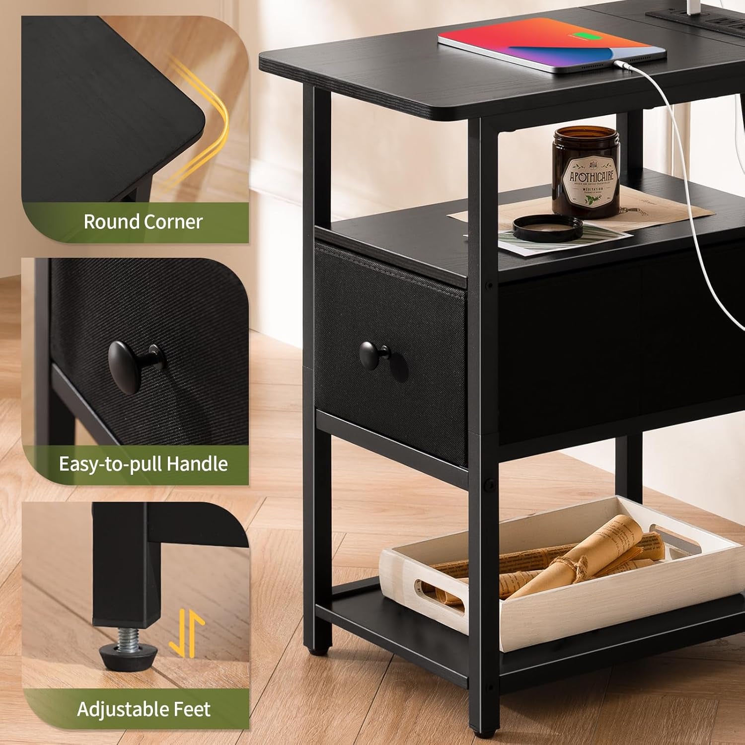 End Table with Charging Station, Narrow Side Table with Adjustable Fabric Drawer, 3-Tier End Tables Living Room, Small Nightstand with Outlets, LED Skinny Night Stand for Bedroom Small Spaces