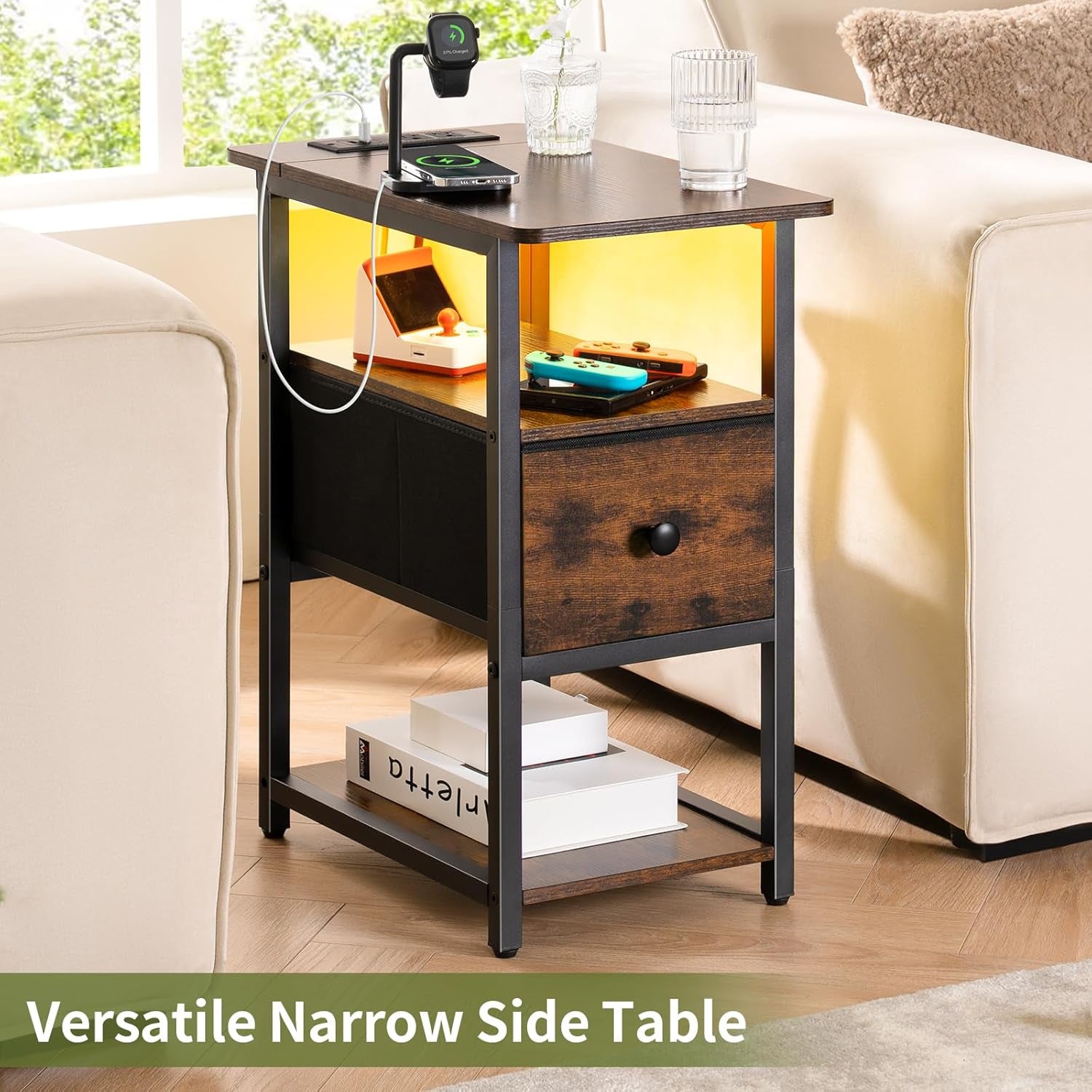 End Table with Charging Station, Narrow Side Table with Adjustable Fabric Drawer, 3-Tier End Tables Living Room, Small Nightstand with Outlets, LED Skinny Night Stand for Bedroom Small Spaces