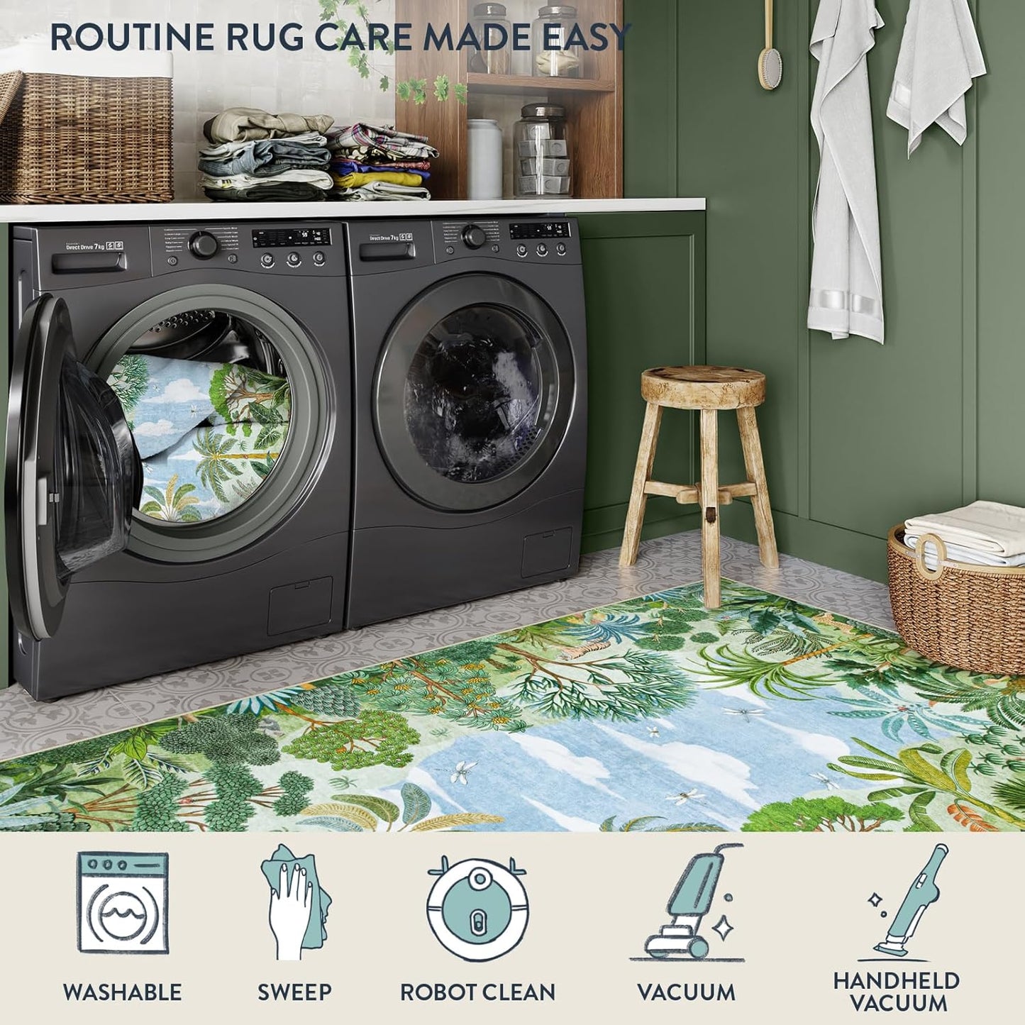 Summer Jungle Rug, Washable Rugs 5X7 for Bedroom, Green Forest Soft Carpet for Living Room, Summer Season Non Slip Non Shedding Dining Room Carpet for under Table Classroom Entryway