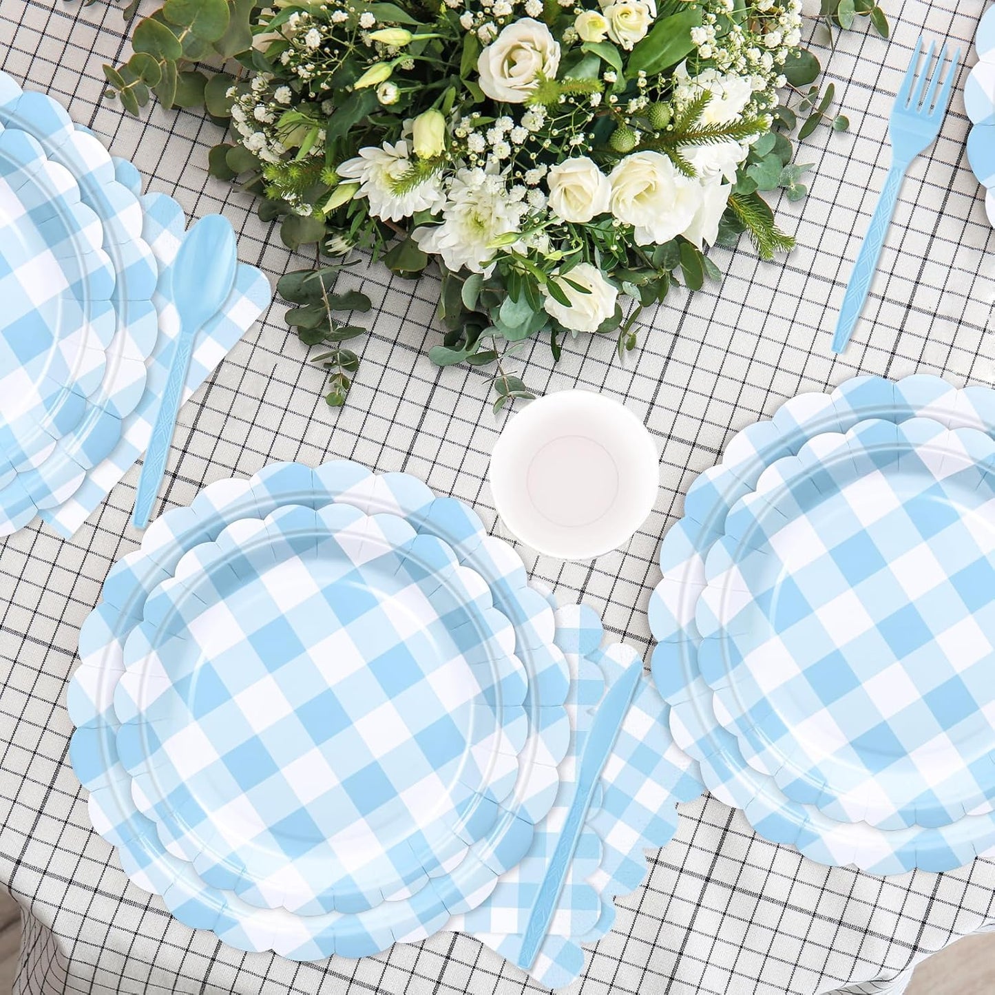 176 PCS Light Blue Gingham Plates and Napkins, Blue Checkered Disposable Plates Set with Napkins Cups Plastic Spoons Forks Knives for Dinner Birthday Baby Shower Wedding Supplies Serve 25 Guests