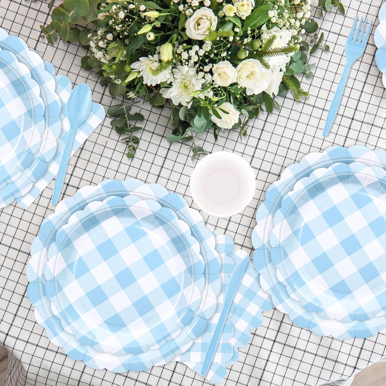 176 PCS Light Blue Gingham Plates and Napkins, Blue Checkered Disposable Plates Set with Napkins Cups Plastic Spoons Forks Knives for Dinner Birthday Baby Shower Wedding Supplies Serve 25 Guests