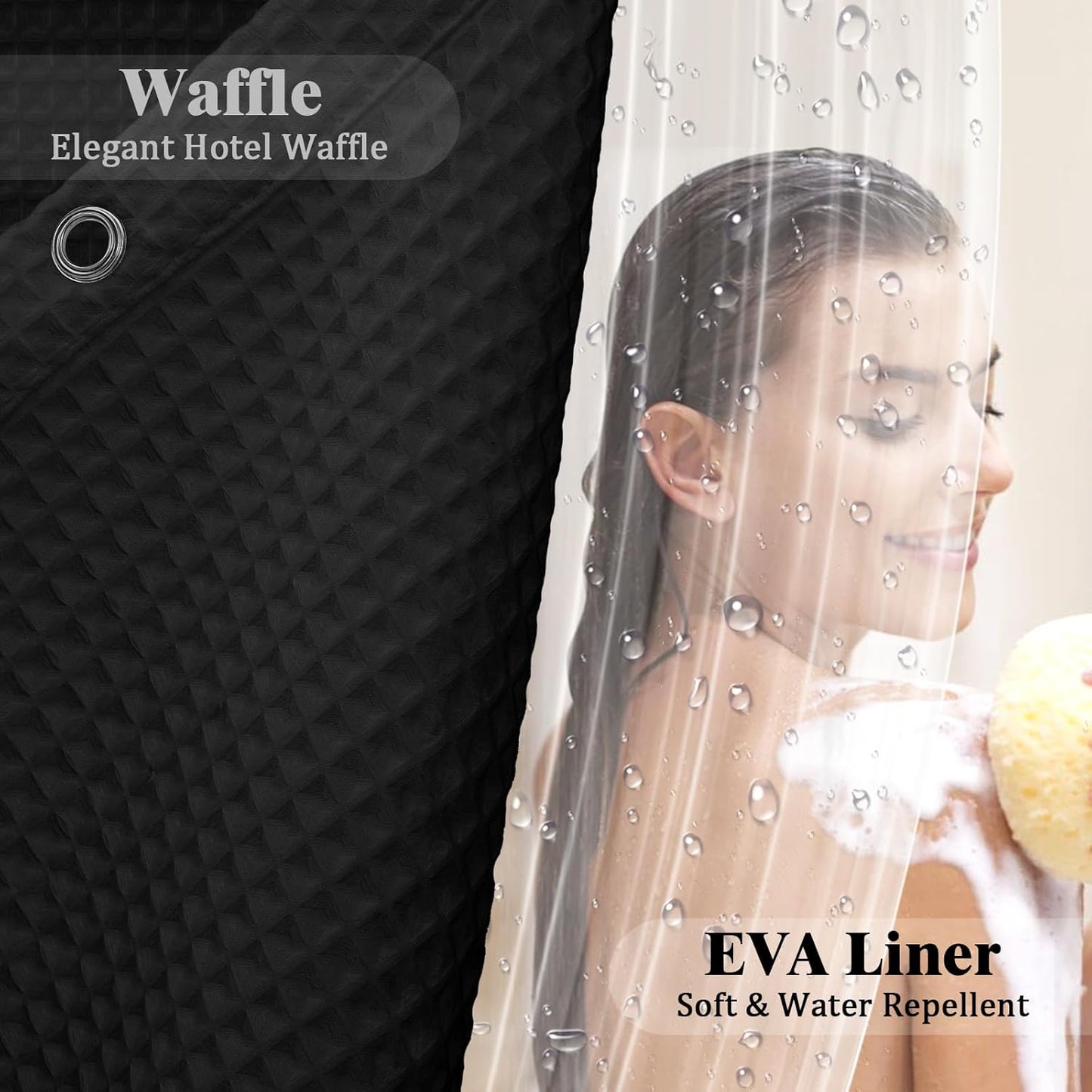 Waffle Shower Curtain and Liner Set, 3 in 1 Shower Curtain Set with Waterproof EVA Liner and Double Sided Hooks for Bathroom Black,36W X72L