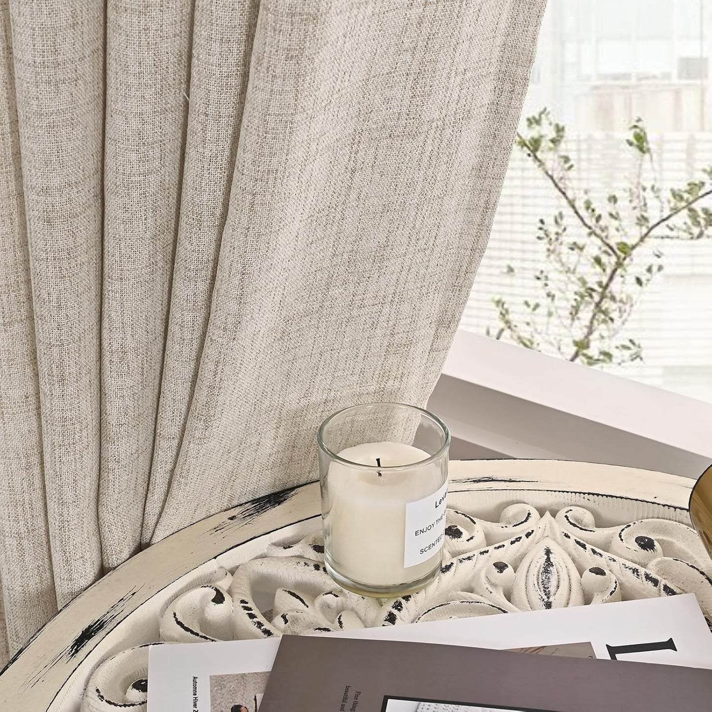 Linen Semi Sheer Curtains 72 Inch Length 2 Panels for Living Room - Light Filtering Drapes with Rod Pocket Back Tab Rustic Beige Window Treatments for Dining Bedroom, 52 X 72 Inch