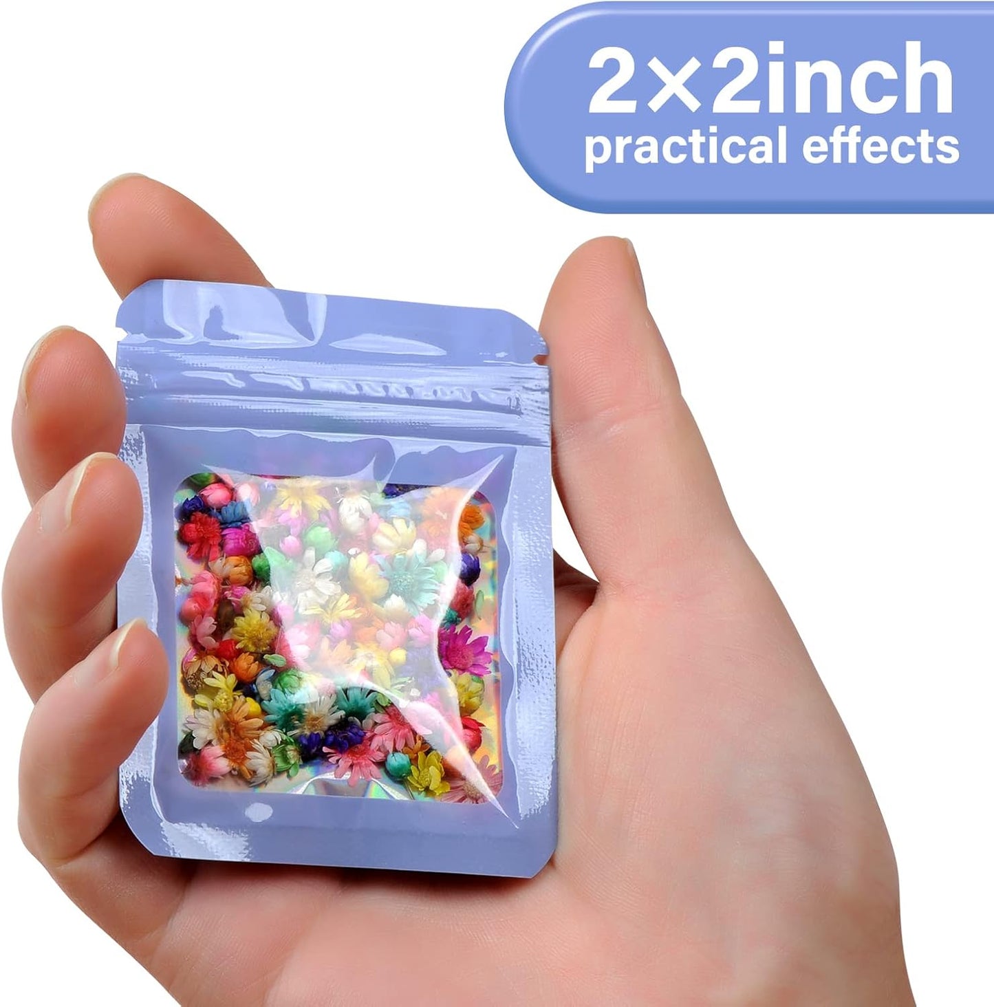 100-Pack 2×2 Inch Mylar Bags with Clear Window Holographic Resealable Sealable Packaging Zip Bag for Small Bussiness Jewelry Candy Sample Food Packing Supplies (Purple)