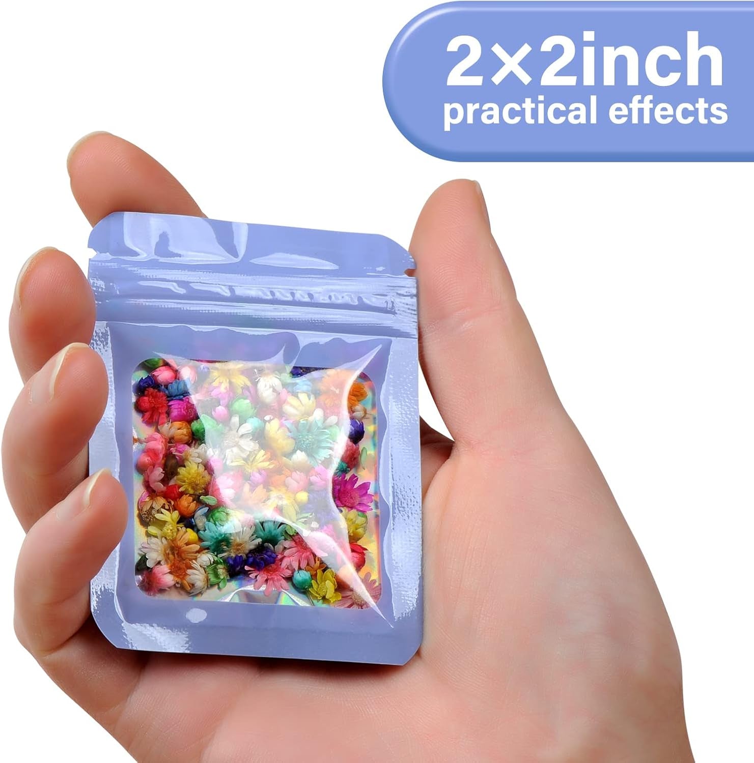 100-Pack 2×2 Inch Mylar Bags with Clear Window Holographic Resealable Sealable Packaging Zip Bag for Small Bussiness Jewelry Candy Sample Food Packing Supplies (Purple)