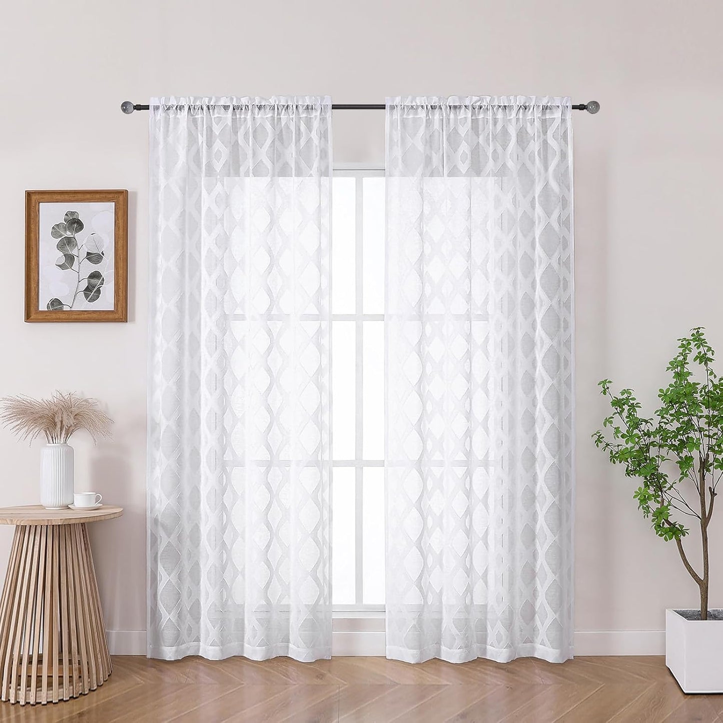 Sheer White Curtains 84 Inches Long 2 Panels Set for Bedroom, Light Filtering Geometric Jacquard Clip Textured Window Curtain, Modern Farmhouse Curtains for Living Room, Total Wide 84" Inch