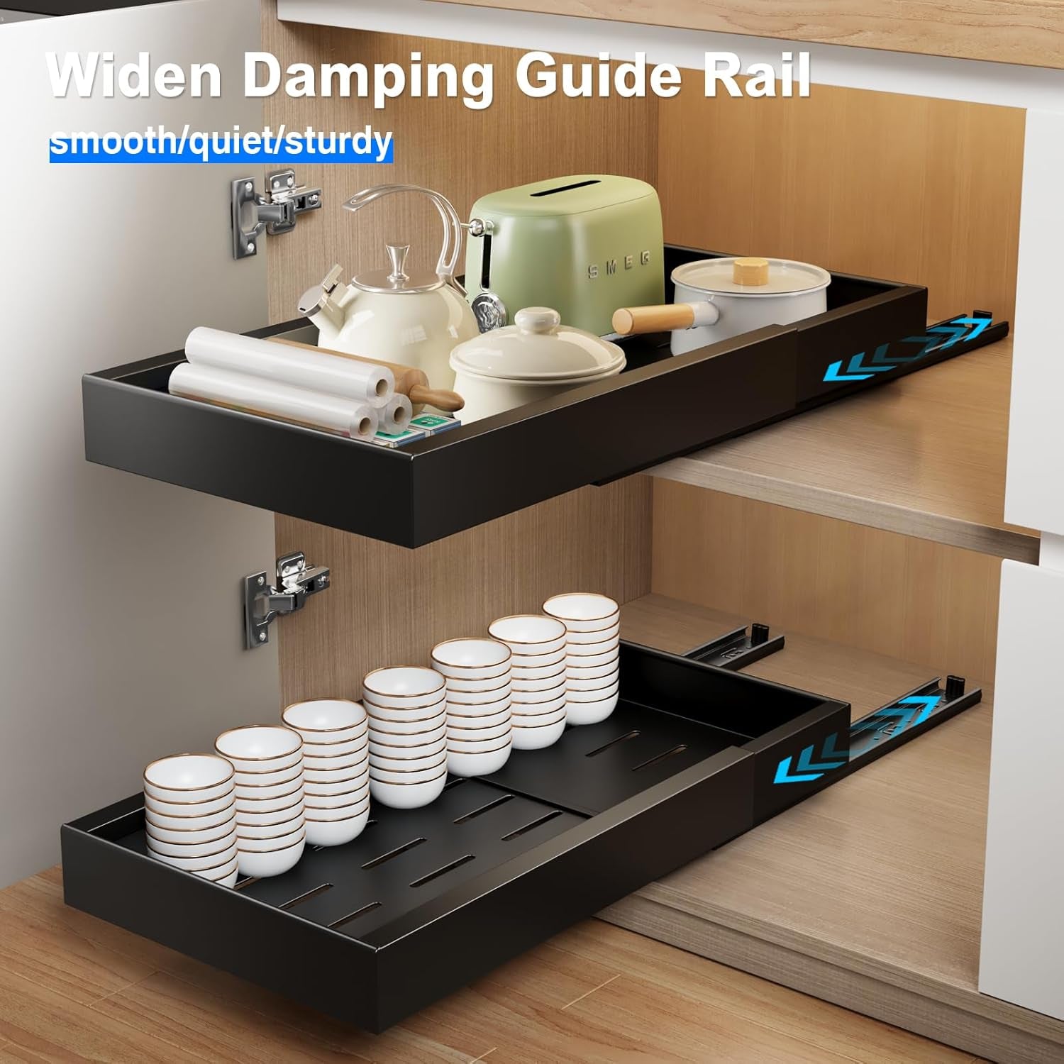 2 Pack Pull Out Cabinet Organizer,21.8" Deep Slide Out Drawer for Cabinets Adhesive Pull Out Drawers Heavy Duty Pull Out Shelves for Kitchen,Cupboard,Pantry,Bathroom-Black