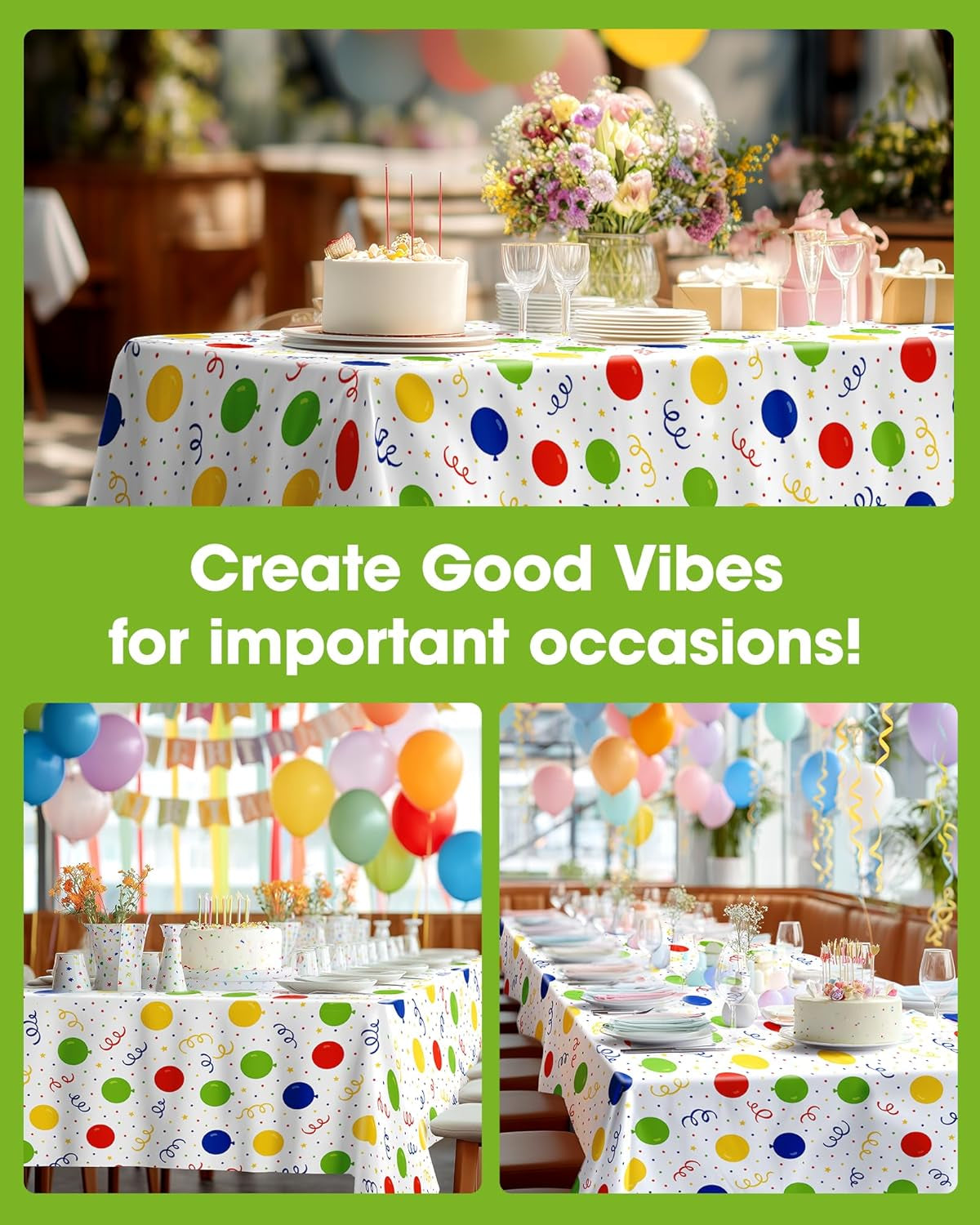 Plastic Table Cloth Disposable 10 Pack, 54 X 108 Inch Table Cloths, Birthday Party Decorations, Picnic, White Tablecloths, Rectangle, Colorful, Rainbow Cover, Leakproof & Sturdy, Balloon