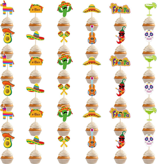 36 PCS Fiesta Party Decorations, 12 Style Cinco De Mayo Cupcake Toppers, Chili Guitar Cactus Colorful Printing Mexican Cake Toppers Fiesta Cupcake Toppers, Mexican Party Supplies Cinco De Mayo Decor