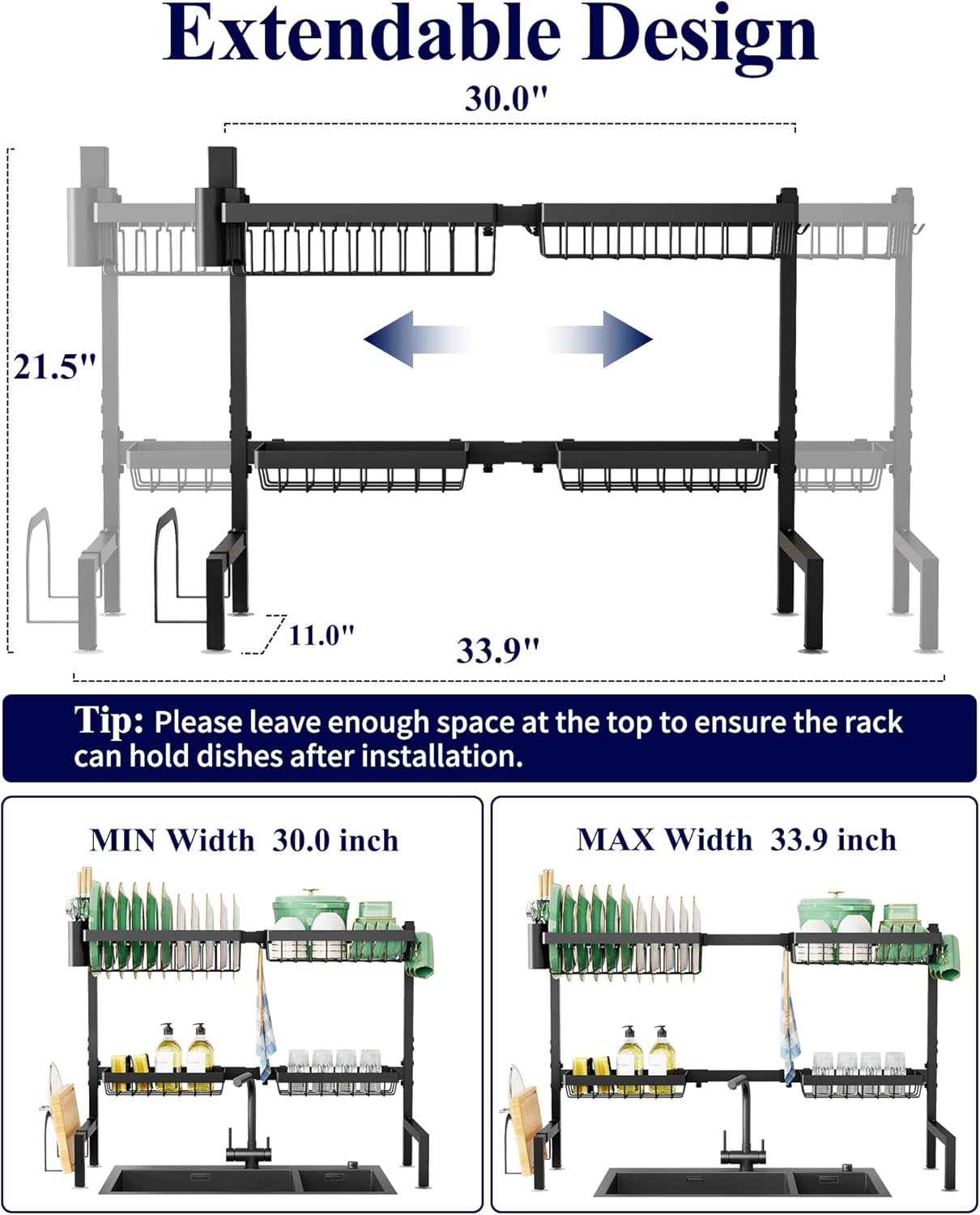 over the Sink Dish Drying Rack - 30.0" to 33.9" X 21.5", Adjustable Sink Drying Rack for Kitchen Sink with Multifunctional Baskets, Black
