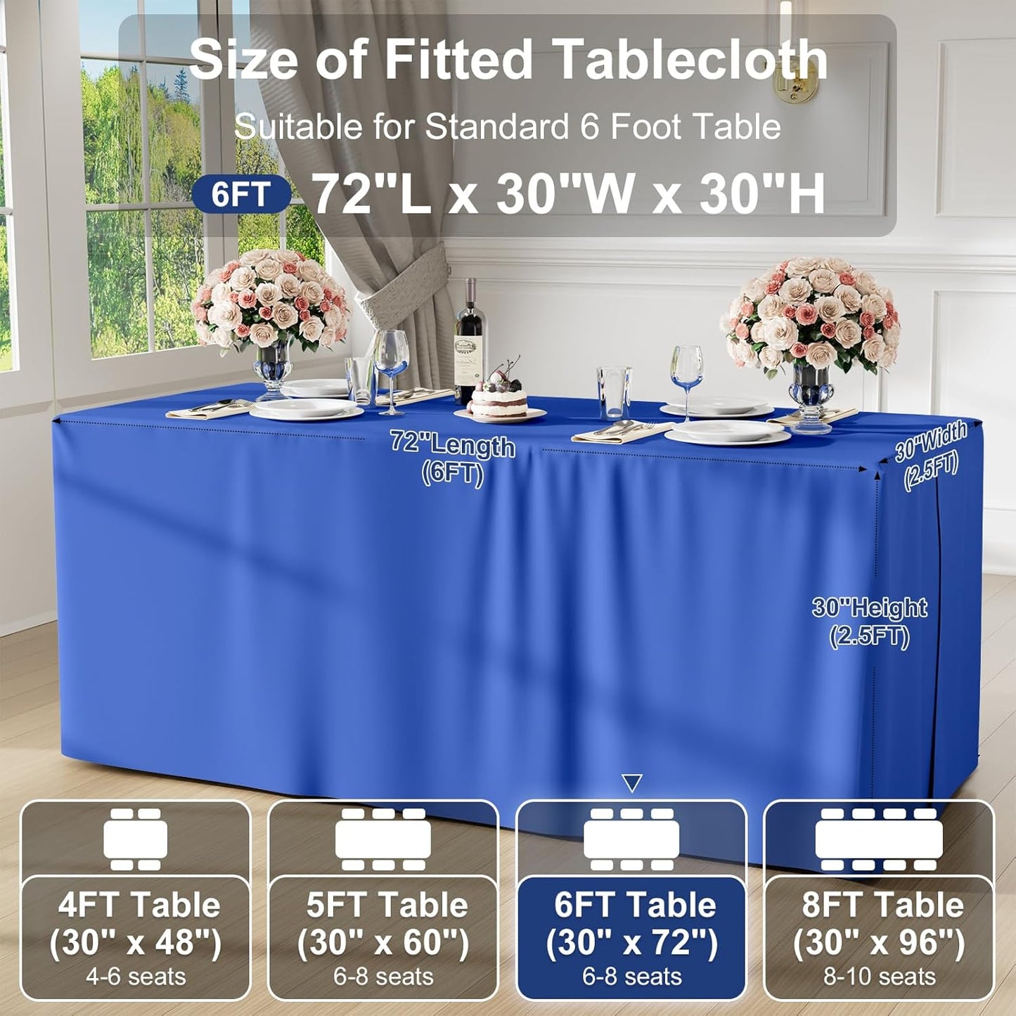 2 Packs Rectangle Fitted Tablecloth, 6 Foot Washable Fabric Table Cloth, Waterproof Polyester Table Cover for Party, Trade Show, Outdoor and Indoor (Blue, 30" X 72")