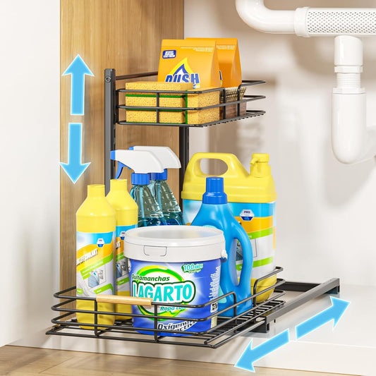 under Sink Organizer, Height Adjustable under Sink Organizers and Storage, Slide Out under Sink Storage Shelf for Kitchen Bathroom Pantry Cabinet