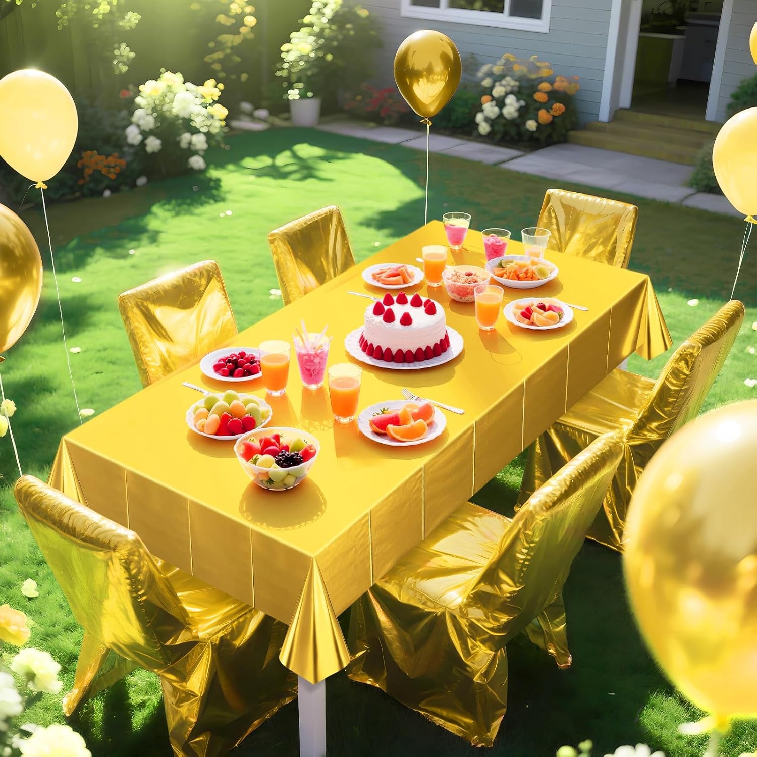 Bright Gold Metallic Foil Tablecloth Set - Elegant Matte Finish, Durable and Easy to Clean - Ideal for Bachelorette, Birthday, Wedding, and Anniversary Celebrations