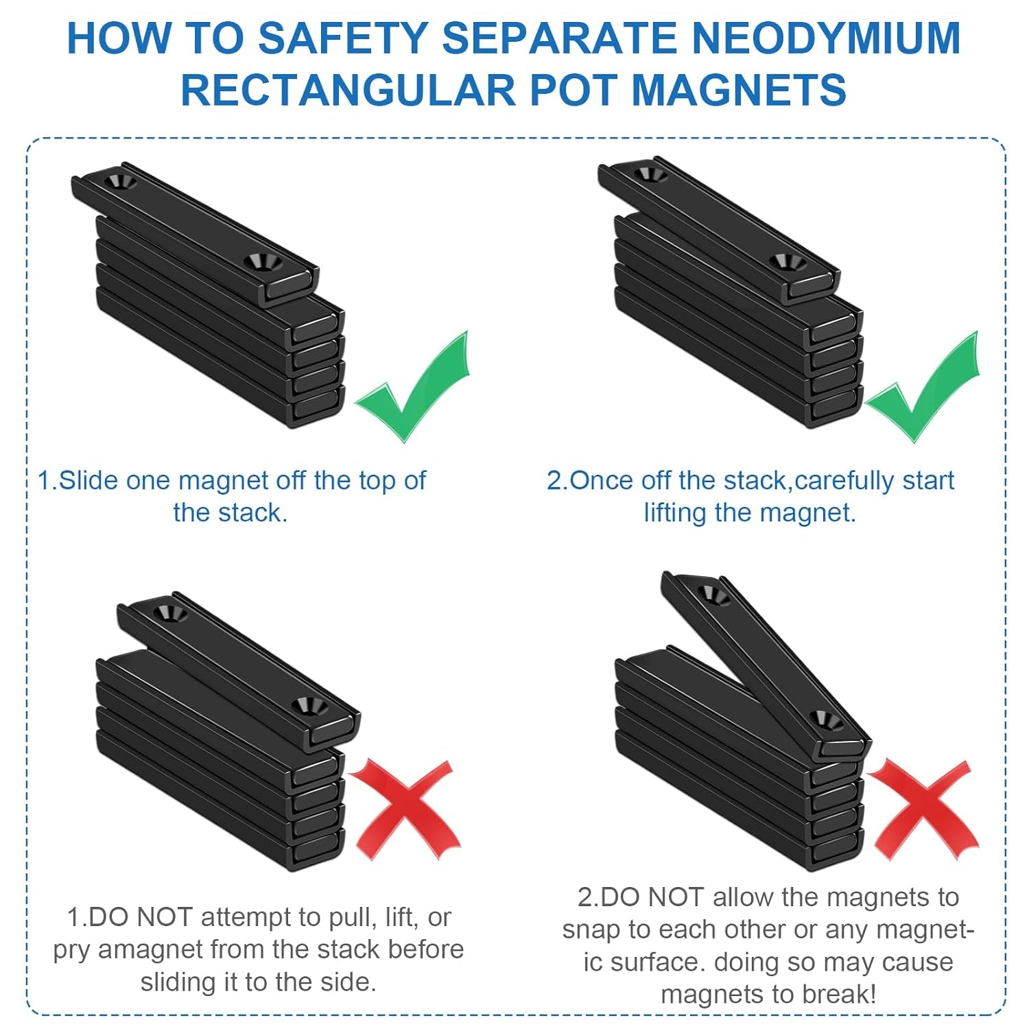 Neodymium Rectangular Pot Magnets 80Lbs, 60X13.5X5Mm Strong Bar Magnets with Countersunk Hole, Rare Earth Magnet for Mounting,Cabinet Magnet for Magnetic Door Catch, Black Pack of 6