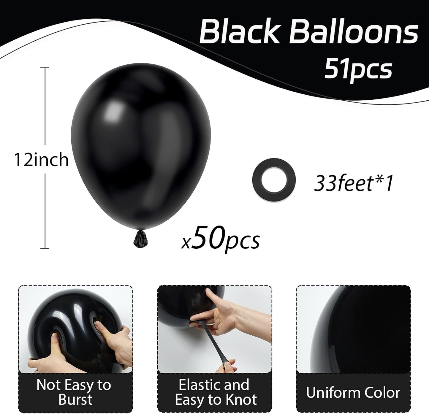 Black Balloons 12 Inch, Black Latex Balloons 50Pcs Party Balloons for Graduation Halloween Birthday Party Decorations