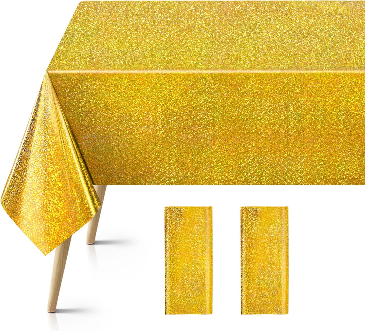 Gold Holographic Foil Tablecloths - Set of 2, 54x108 Durable Table Covers for Elegant Events, Perfect for Parties, Weddings, and Showers