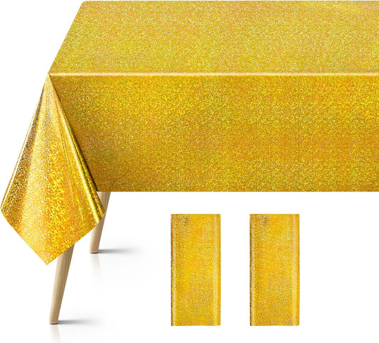Gold Holographic Foil Tablecloths - Set of 2, 54x72 Durable Table Covers for Elegant Events, Ideal for Parties, Weddings, and Showers