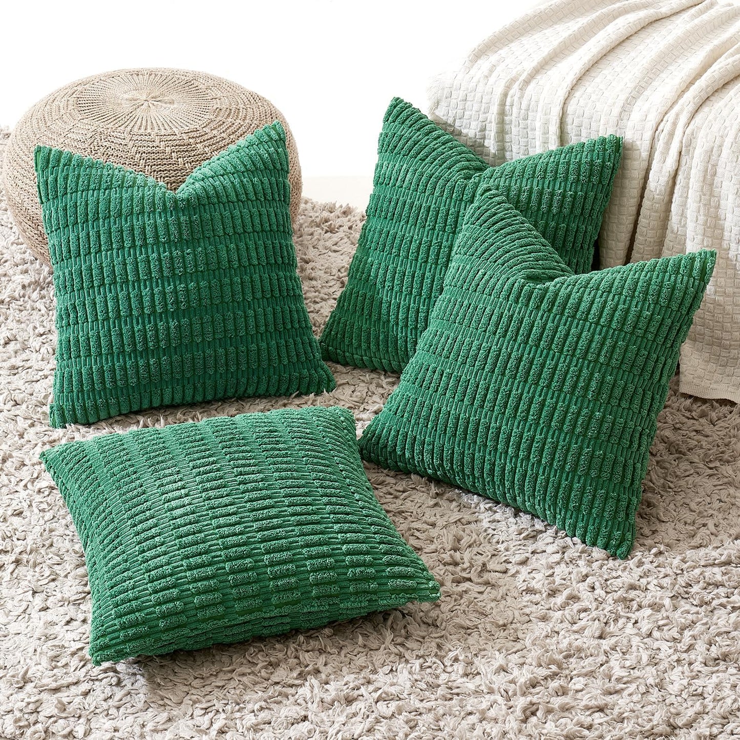 Pack of 4 Forest Green Corduroy Decorative Throw Pillow Covers 18X18 Inch Soft Boho Striped Pillow Covers Modern Farmhouse Home Decor for Sofa Living Room Couch Bed
