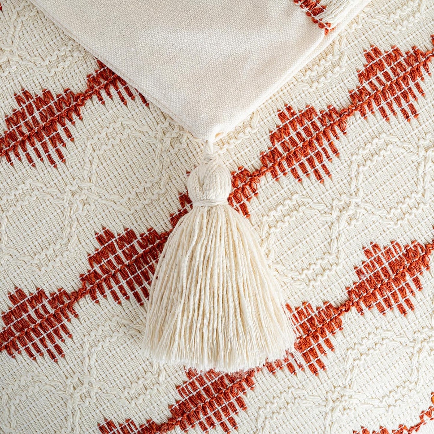 Set of 2 Burnt Orange Lumbar Decorative Throw Pillow Covers 12X20 Inch for Couch Bed Sofa Living Room, Aesthetic Organic Farmhouse Home Decor, Woven Textured Cushion Case with Tassels