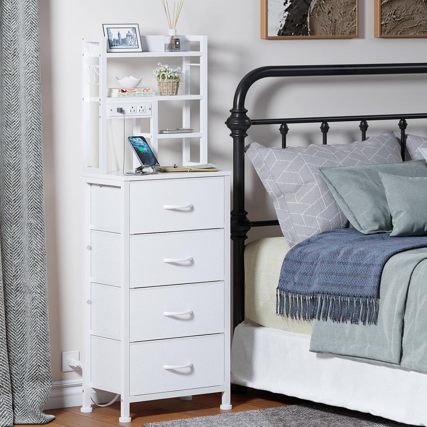 Tall LED Nightstand with Charging Station, USB Ports, 4 PVC Fabric Drawers, and 4-Tier Storage Shelf - Versatile Bedside Table for Bedroom, Dorm, or Office (White)