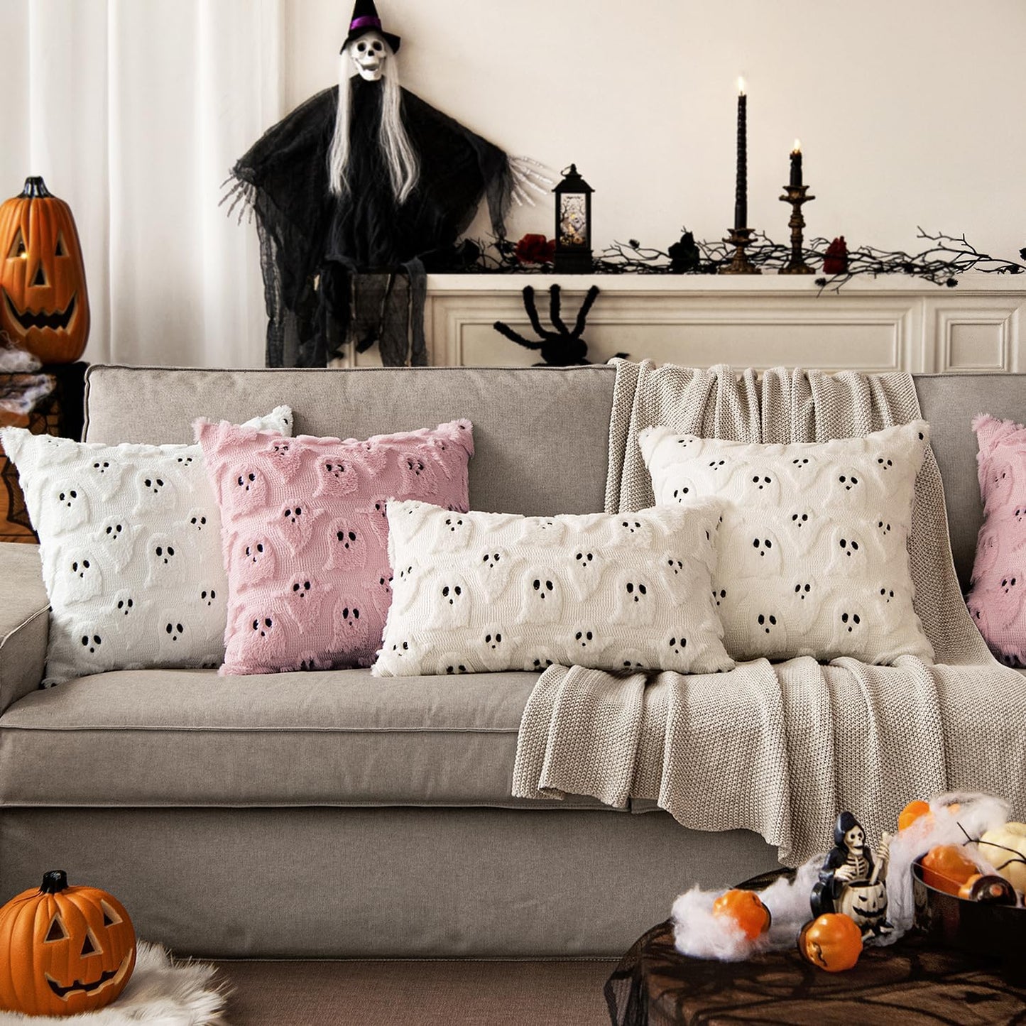 Halloween Decorative Pillow Covers - Set of 2 Soft Plush Faux Fur Ghost Design Cushions for Couch, Sofa, Bed, and Porch - 18x18 Inch Pink