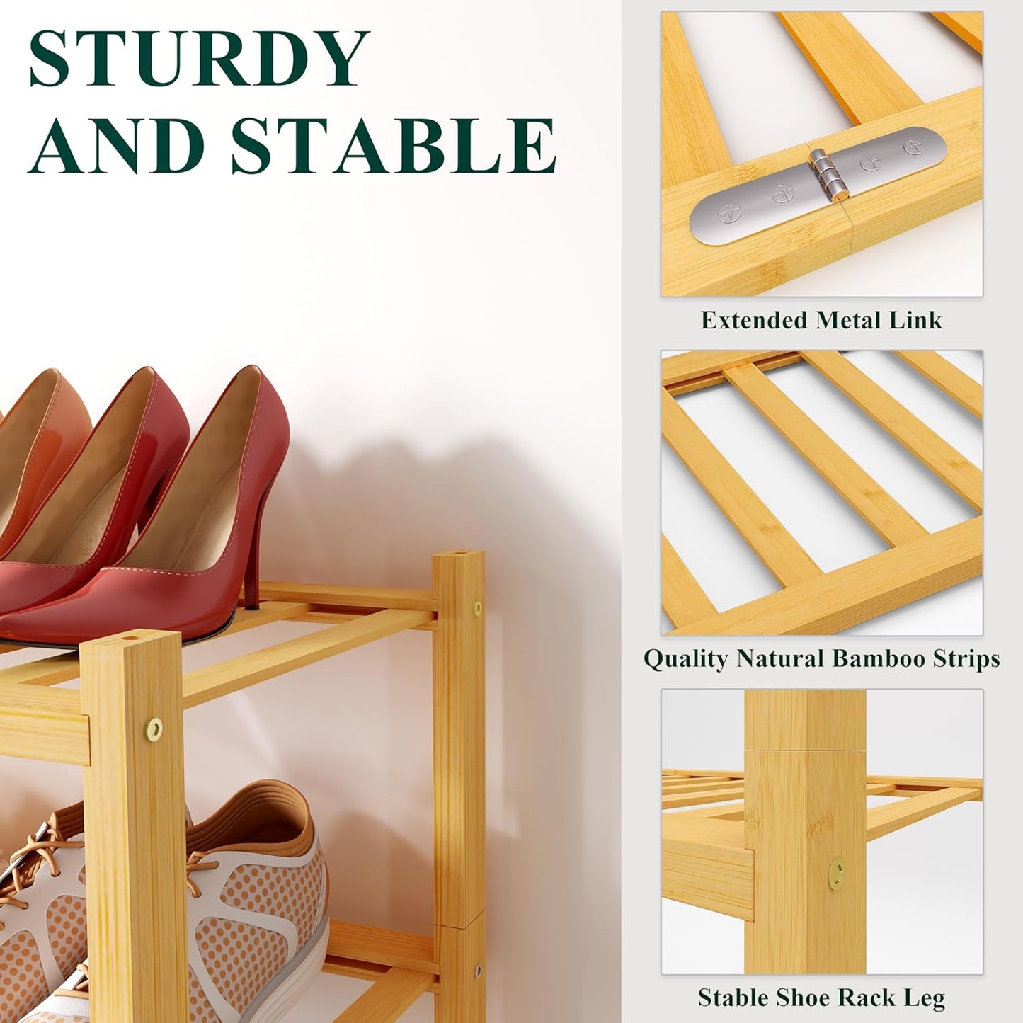 Shoe Rack, 2 Tier Bamboo Shoe Organizer, Stackable Free Standing Wooden Shoe Storage Shelf for Closet, Entryway, Front Door Entrance, Natural