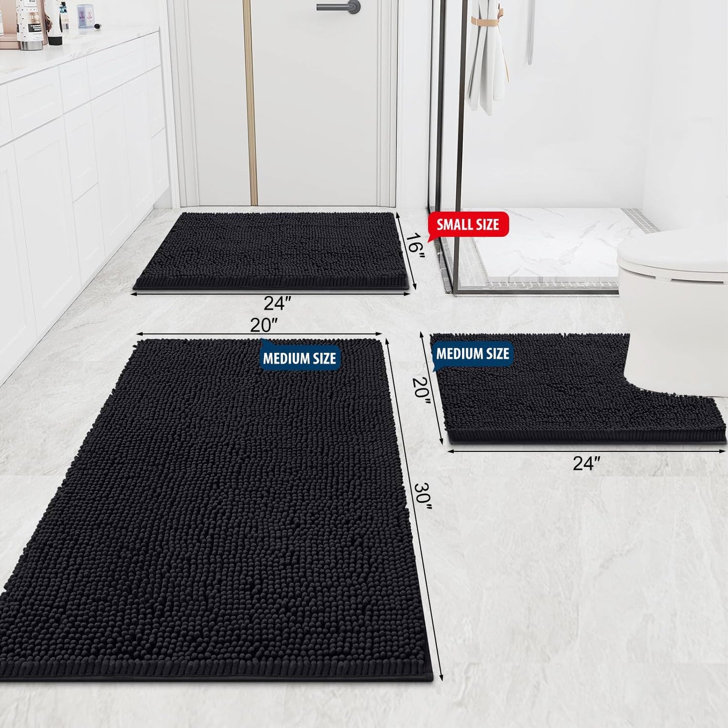 Rectangle Table Cloth 60X84 and Luxury Chenille Bath Rug 24X16,Black