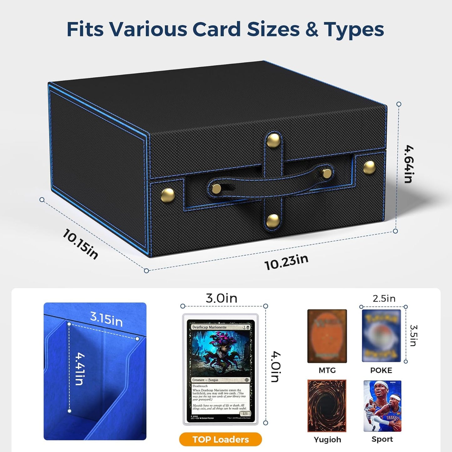 Card Deck Box for MTG with Small Case, 1800+ Commander Trading Card Storage Box with Portable Handle, Magnetic Deck Case Fits for Top Loader TCG, PTCG, Sports, Magic Cards, Black Blue