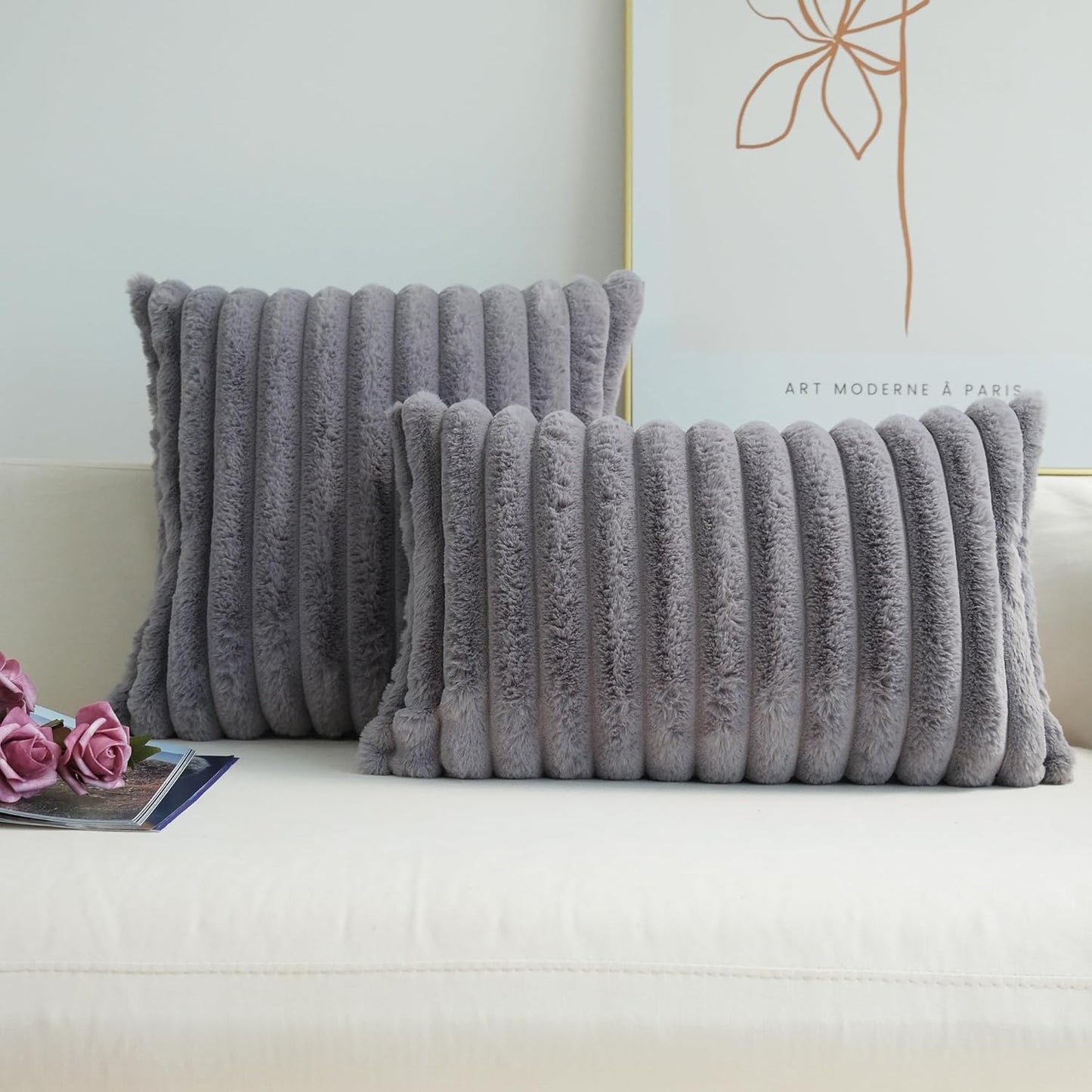 Pack of 2 Faux Fur Plush Decorative Throw Pillow Covers Couch Cushion Case Soft Pillowcases (Grey, 20 X 20-Inch)