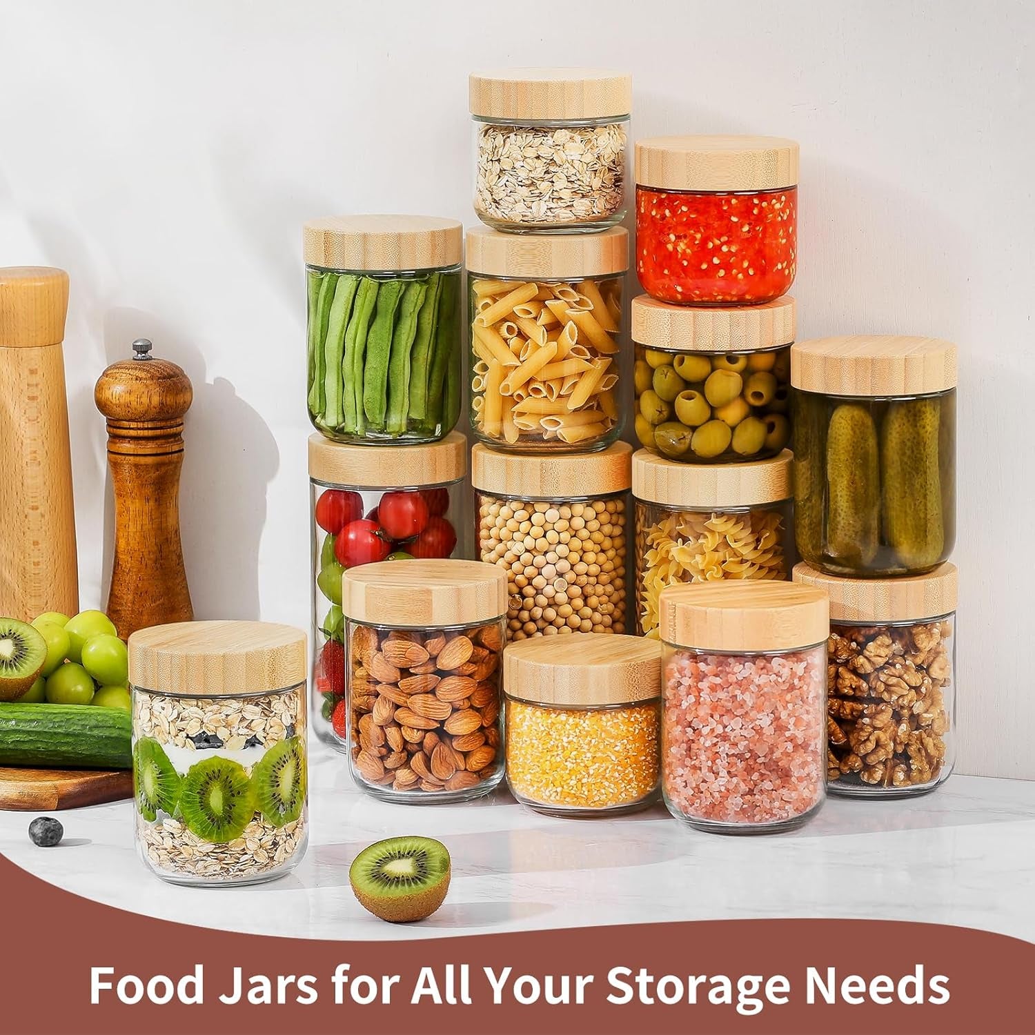 16 oz Glass Storage Jars with Bamboo Lids - 4 Pack Airtight Wide Mouth Containers for Meal Prep, Salads, Chia Pudding, Snacks, Yogurt, Sugar, Spice, and Cereal