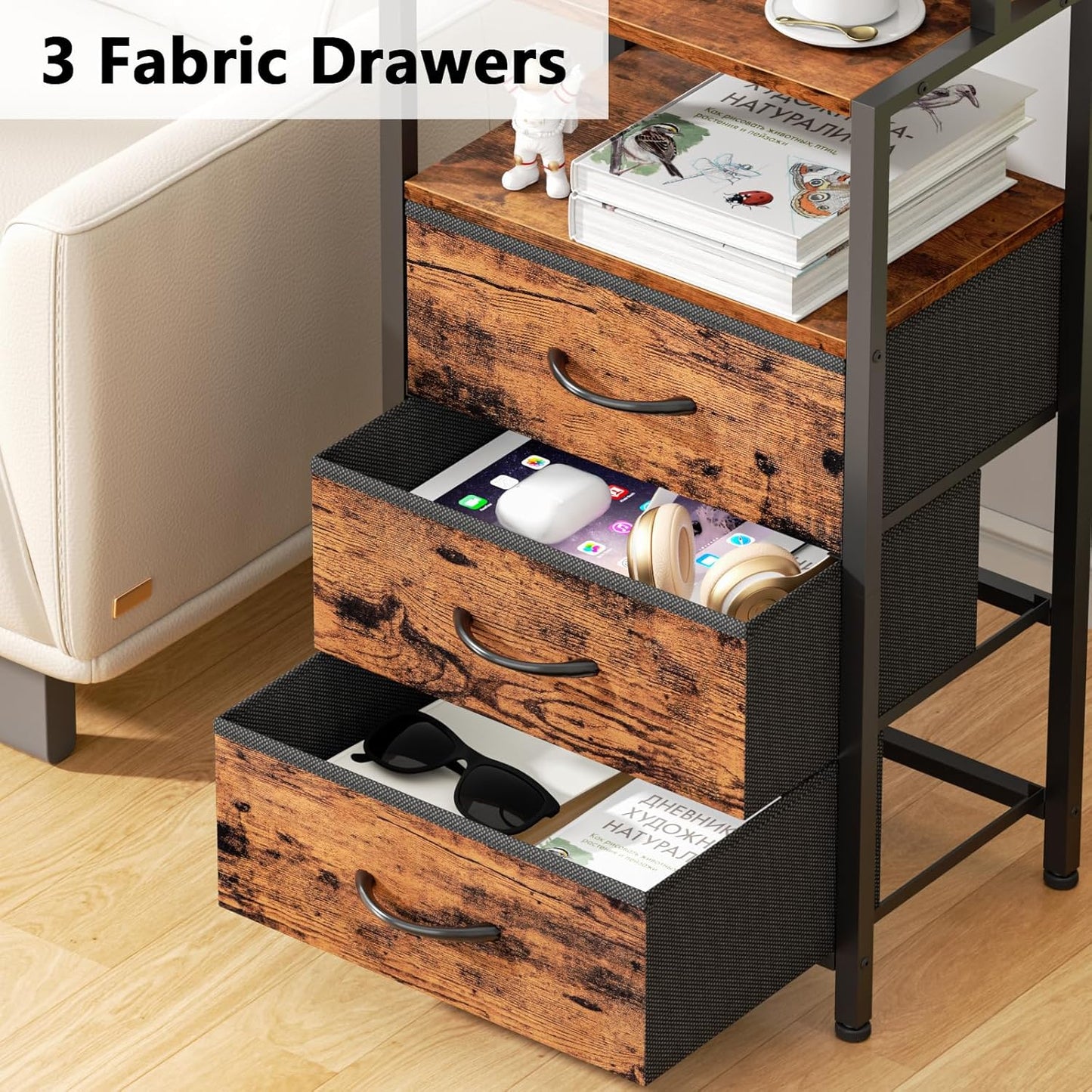 Tall Nightstand with 4-Tier Shelves, 3 Fabric Drawers, LED Charging Station, Rustic Brown Bedside Table for Bedroom, Hallway, and Office