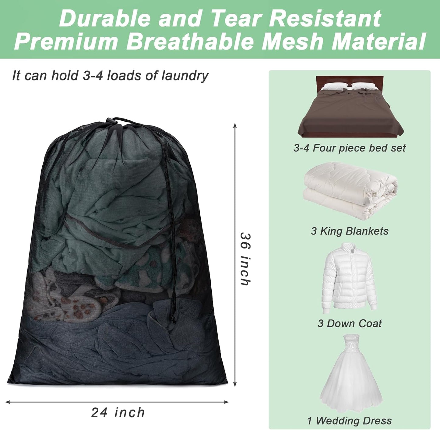 2 Pack Mesh XL Laundry Bags,Machine Washable Dirty Clothes Organizer with Drawstring and ID Tag, Large Laundry Hamper Liner Enough to Laundry Essentials Fortravel(24"X 36",Black+White)