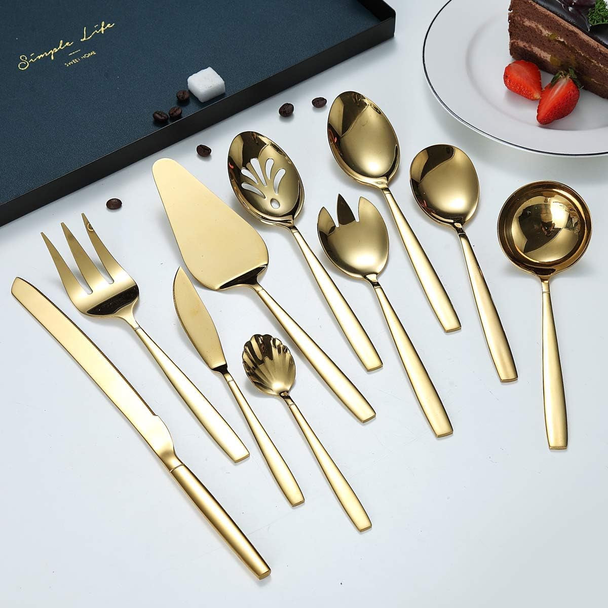 10-Piece Gold Serving Utensil Set with Titanium Plating, Including Cake Knife, Cake Server, Serving Forks, Sugar Spoon, Salad Spoon, Butter Knife, Gravy Ladle, and More