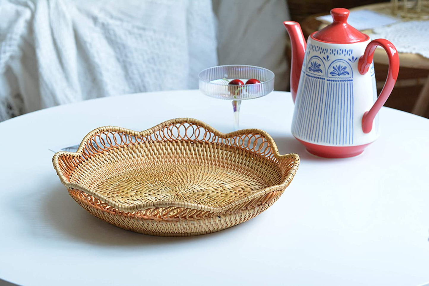 Rattan Fruit Basket for Serving Woven Bread Tray for Cake Kitchen Counter Table Natural (11.8Inch D X 3.5Inch H)