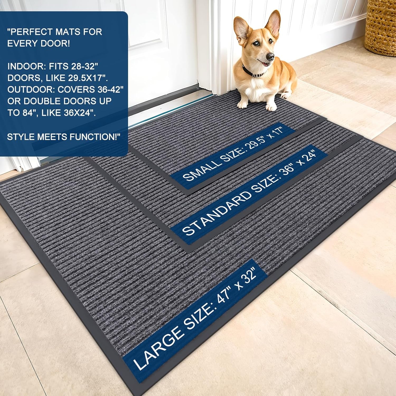 Front Door Mat Indoor Outdoor Entrance, Waterproof Heavy Duty Doormat, Fade Resistant, Low Profile, Easy Clean Patio Porch Welcome Floor Mats for Entry, 29.5X17, Grey