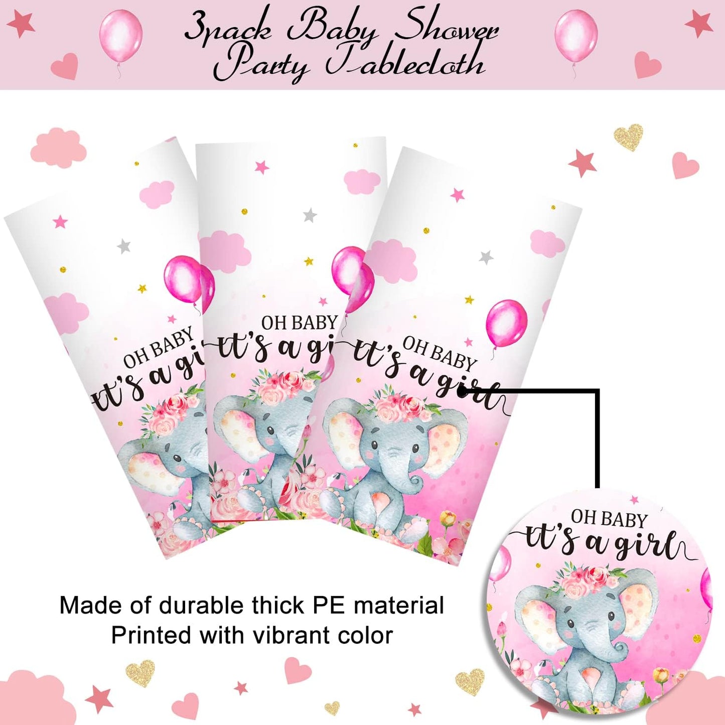 3 Pack Elephant Baby Shower Decorations - Plastic Tablecloth Table Cover Backdrop for Boy Girl Gender Party Supplies, 54 X 108 Inch, Pink