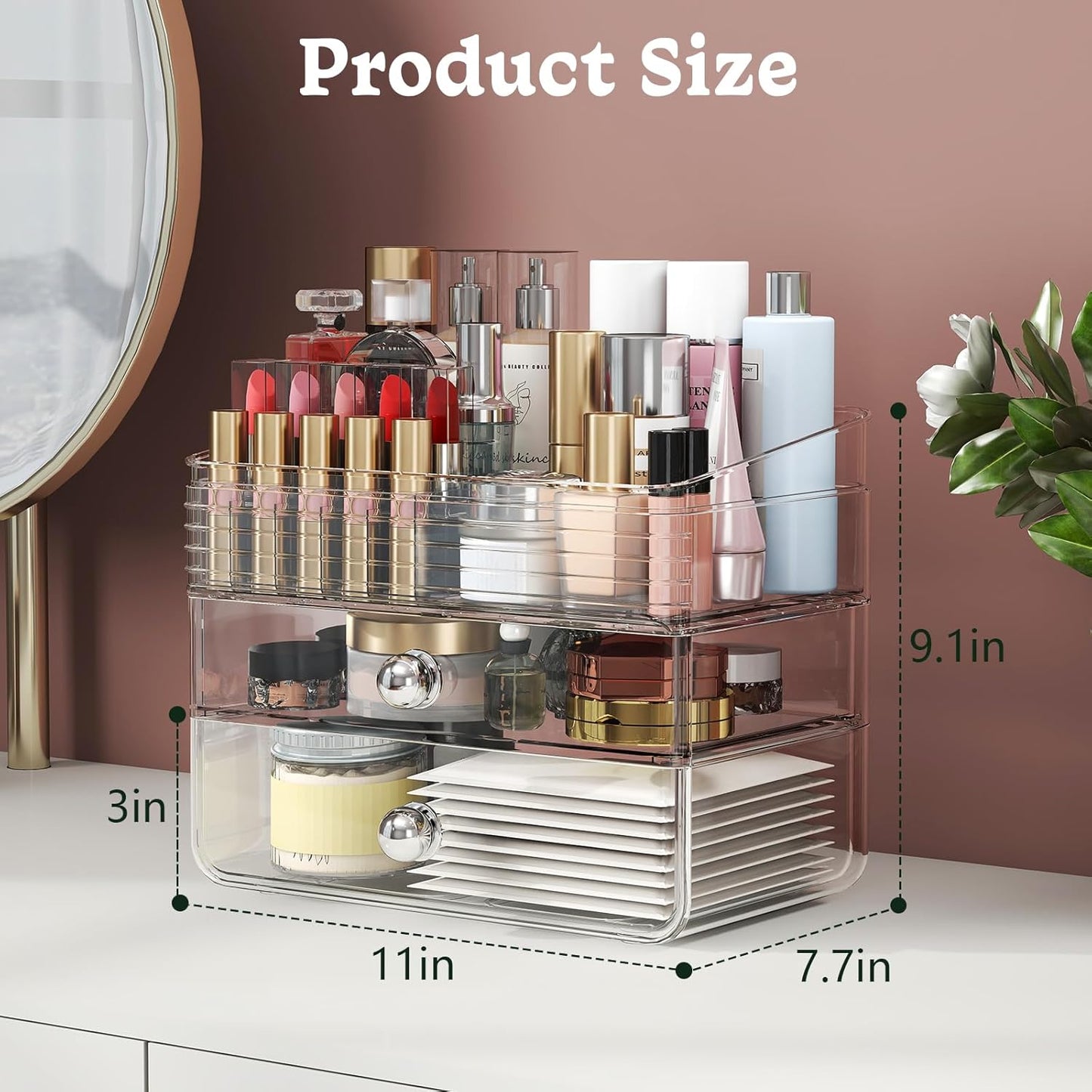Makeup Organizer with Large Drawers, Bathroom Counter Skincare Organizer for Vanity,Storage Box with Handle, Cosmetic Display Case for Vanity Countertop, Skincare Perfume Storage, Clear