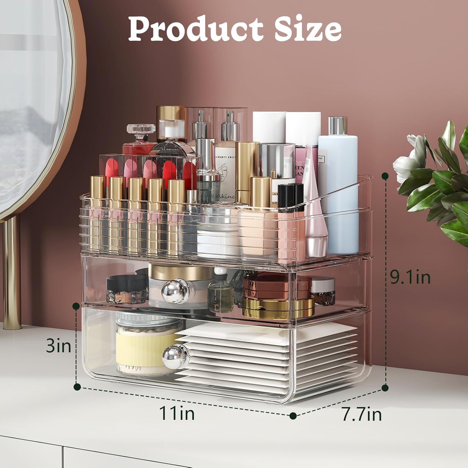 Makeup Organizer with Large Drawers, Bathroom Counter Skincare Organizer for Vanity,Storage Box with Handle, Cosmetic Display Case for Vanity Countertop, Skincare Perfume Storage, Clear
