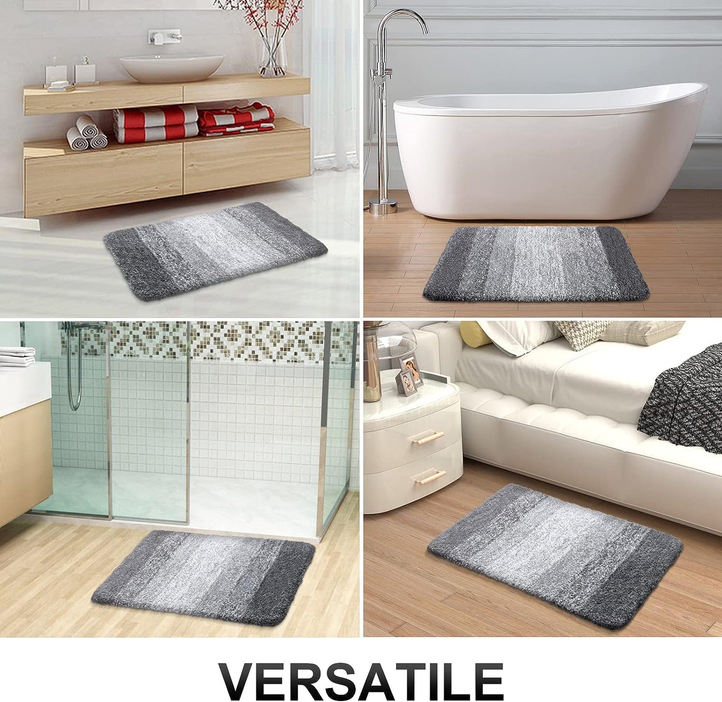 Ombre Bath Rug and Shower Curtain, Bath Rug Size 24X16 in Grey and Shower Curtain 72X72 in Black Grey, 2 Item Bundle
