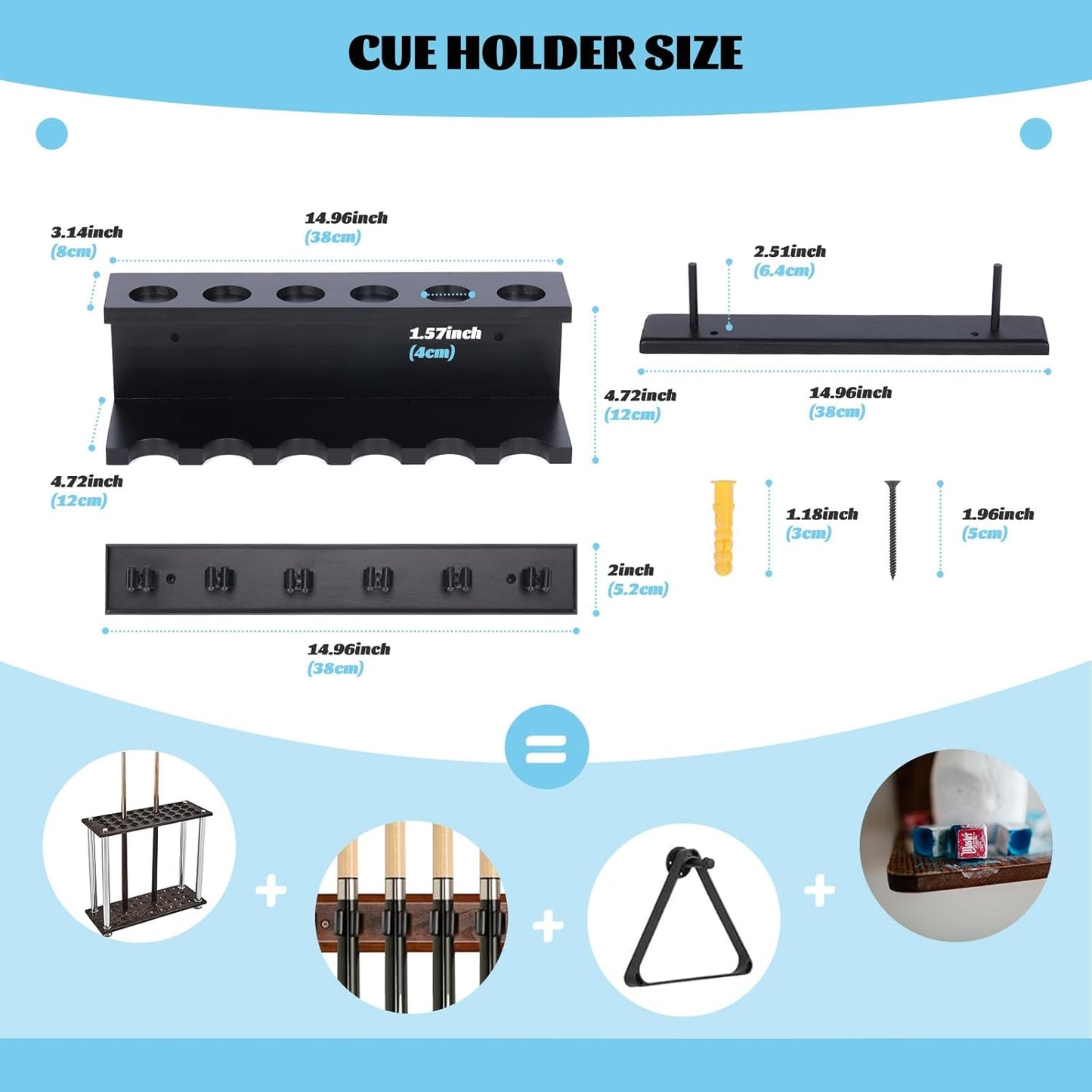 Pool Cue Holder Wall Mounted Pool Stick Holder Pool Table Accessories Pool Cue Rack for 6 Cues Stick Storage Billiards Set Wood
