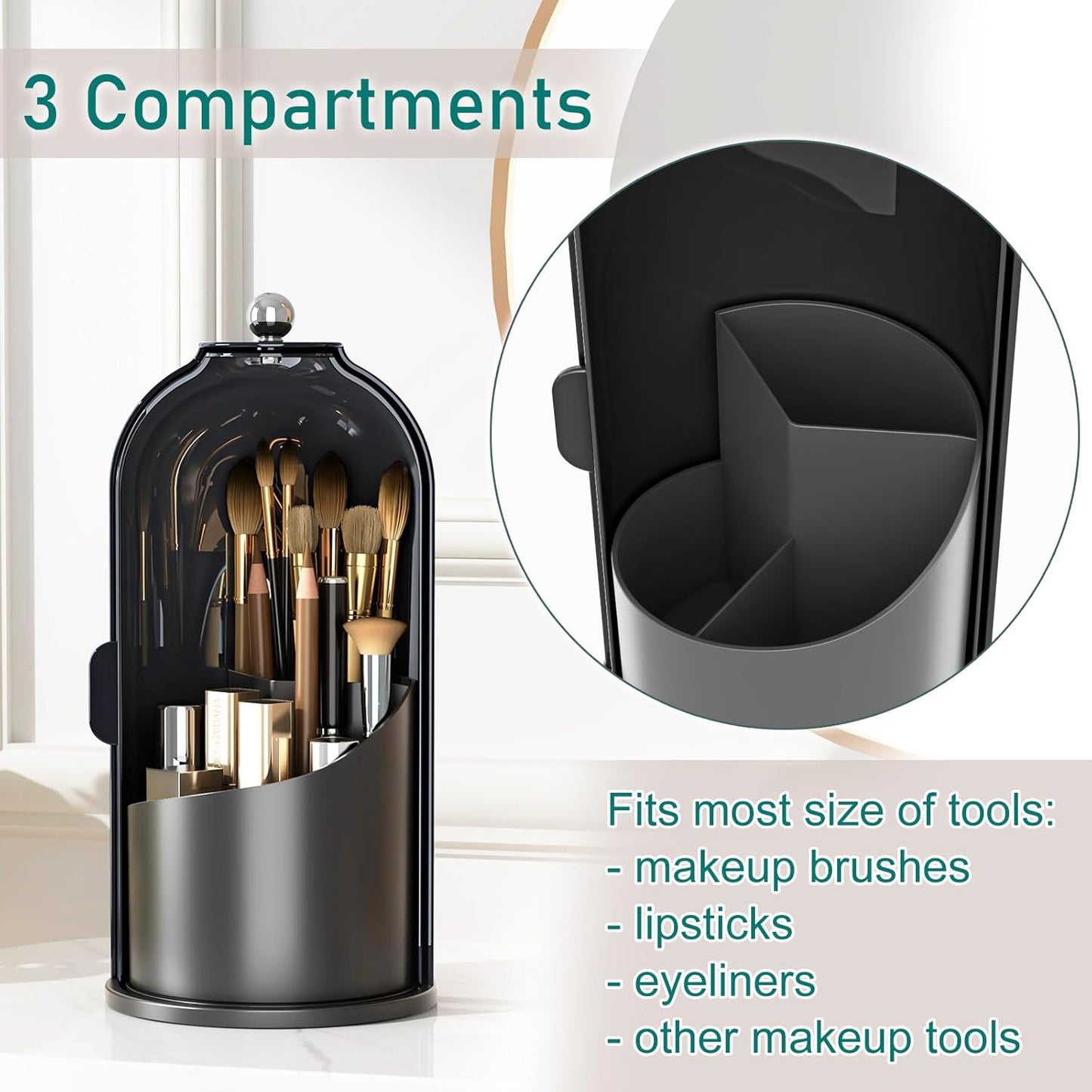 Makeup Brush Holder with Lid Cosmetic Tools Organizer 360 Rotating Waterproof Dustproof Beauty Brushes Storage for Vanity, Dark Black