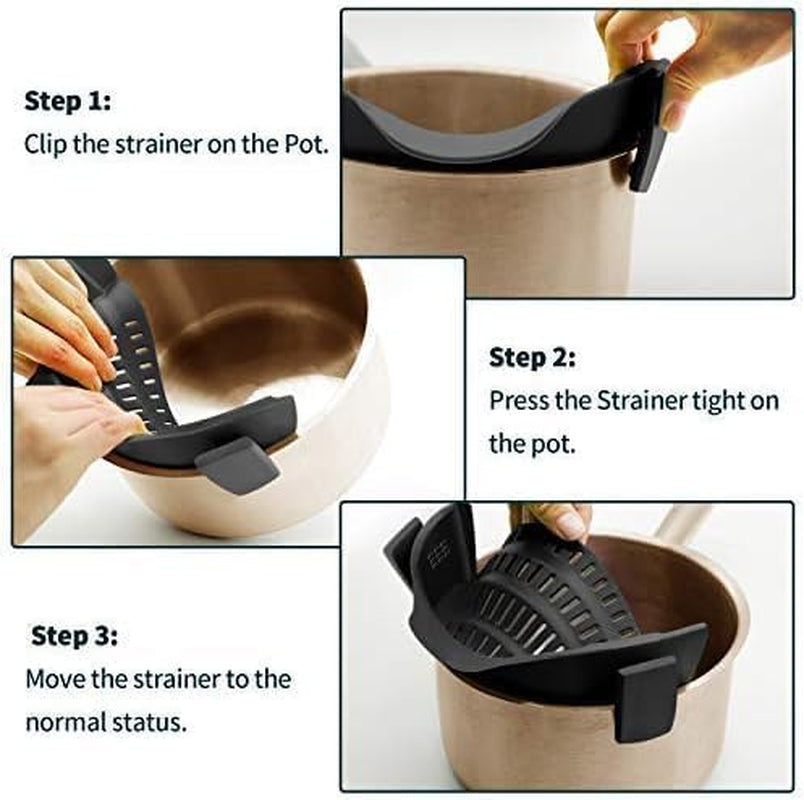 2PACK Clip on Strainer for All Pots Pans - Silicone Kitchen Colander Food Strainer for Pasta Meat Vegetable Fruits | Easy to Use and Store, Dishwasher Safe (Blackred)