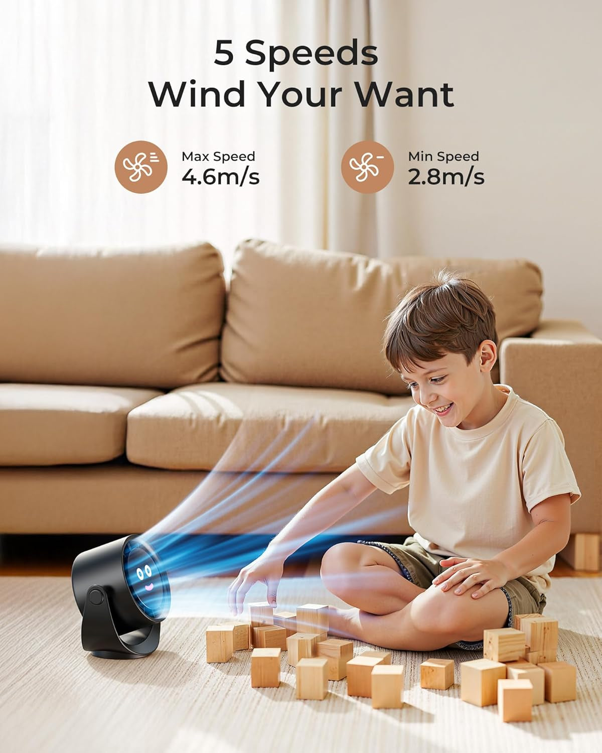 Desk Fan, LED Display Mini Table Fan, Rechargeable Personal Fan with 4000Mah Battery, Max. 17H Use, 5 Speeds, 360°Tilt, USB-C Charging, Quiet Small Portable Fan for Home, Office, Camp, Travel