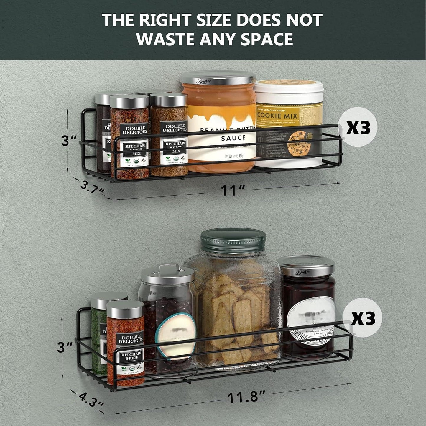 Spice Rack Organizer Wall Mount (6Pack), Hanging Black Spice Pantry Organization Storage Shelf, Farmhouse Seasoning Organizer, Flexible Wall Shelves, Kitchen Essentials Home Decor